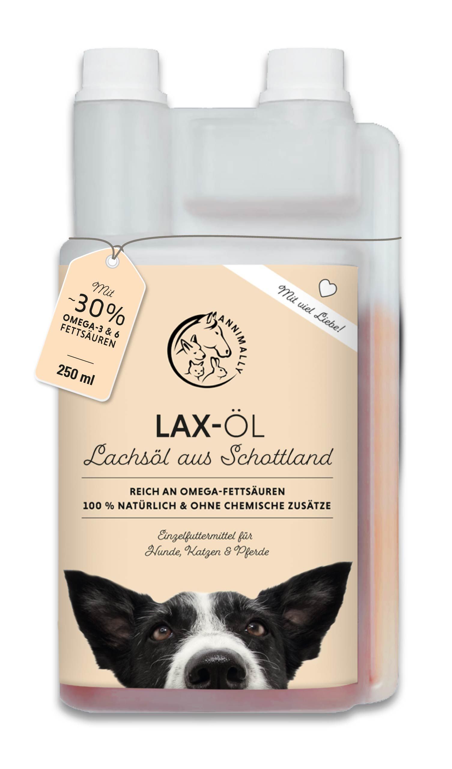 Flasche mit Etikett. Enthält Lax-Öl. Auf dem Etikett: Logo, Text, 250 ml, -30% Omega-3 & Fettsäuren.
