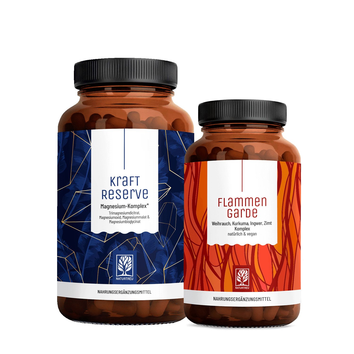 Zwei braune Flaschen mit schwarzen Deckeln. Eine mit blauem Etikett, die andere mit rotem Etikett. Beide tragen Produktinformationen.