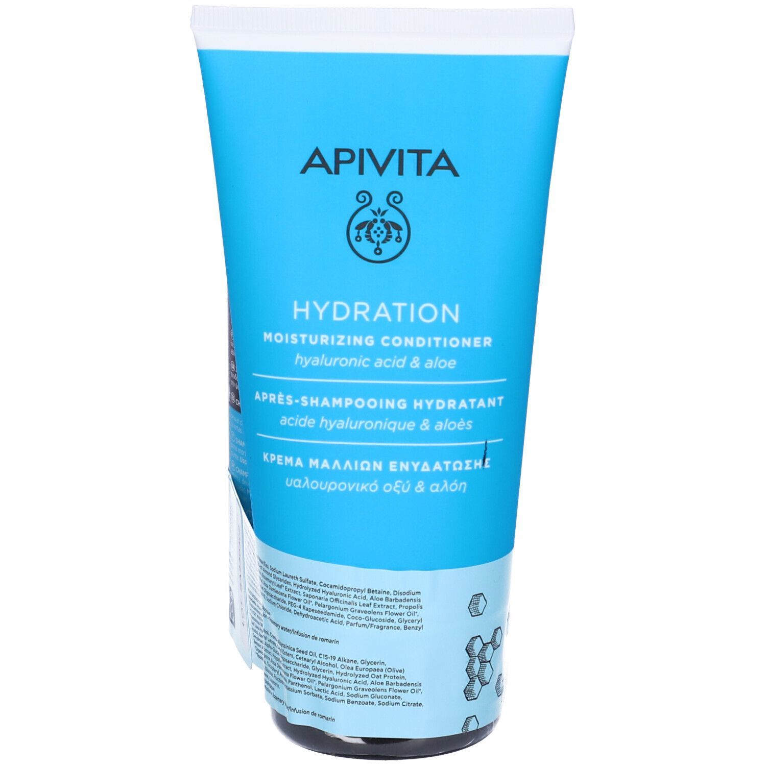 Tubo blu con scritta Apivita. Scritta: Hydration, Balsamo idratante. Ingredienti e testo multilingue.