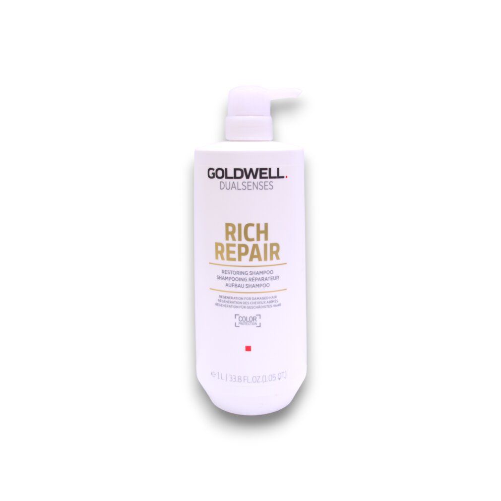Weißer Shampoo-Behälter mit Pumpe. Goldwell Dualsenses Rich Repair. Aufschrift: Rich Repair, Color Protection. Volumen: 1L.