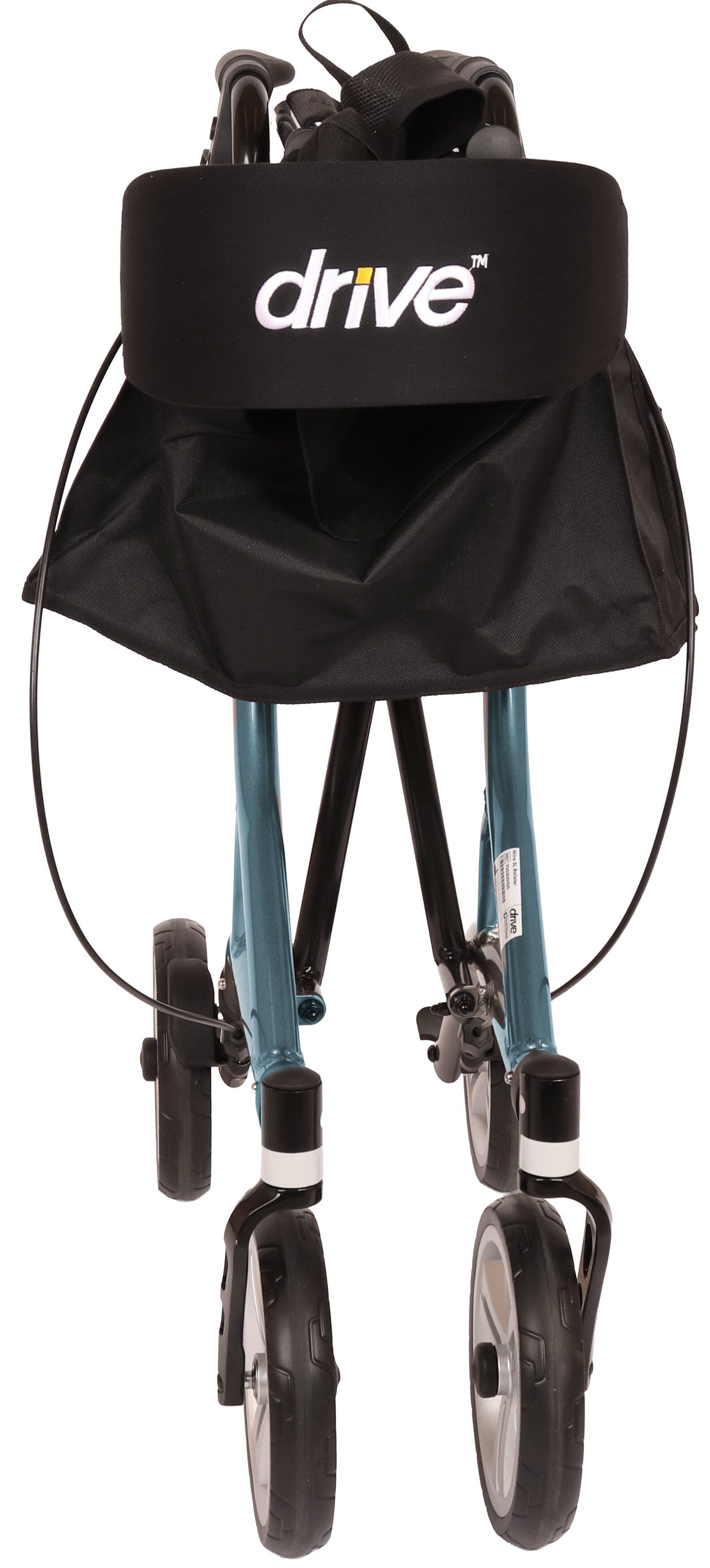 Gefalteter Rollator, Rückansicht. Schwarze Rückenlehne mit Drive-Logo, blaues Gestell.