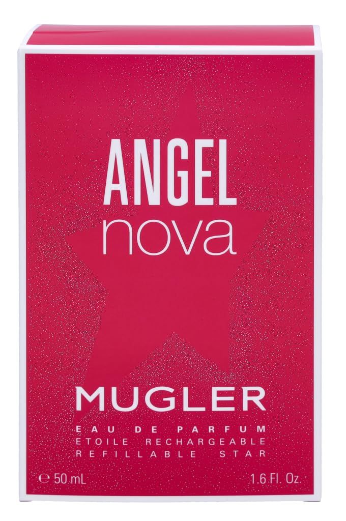 Verpackung mit Schriftzug ANGEL NOVA und MUGLER. Rote Verpackung mit Stern. Text: Eau de Parfum, 50 ml, 1.6 Fl. Oz.