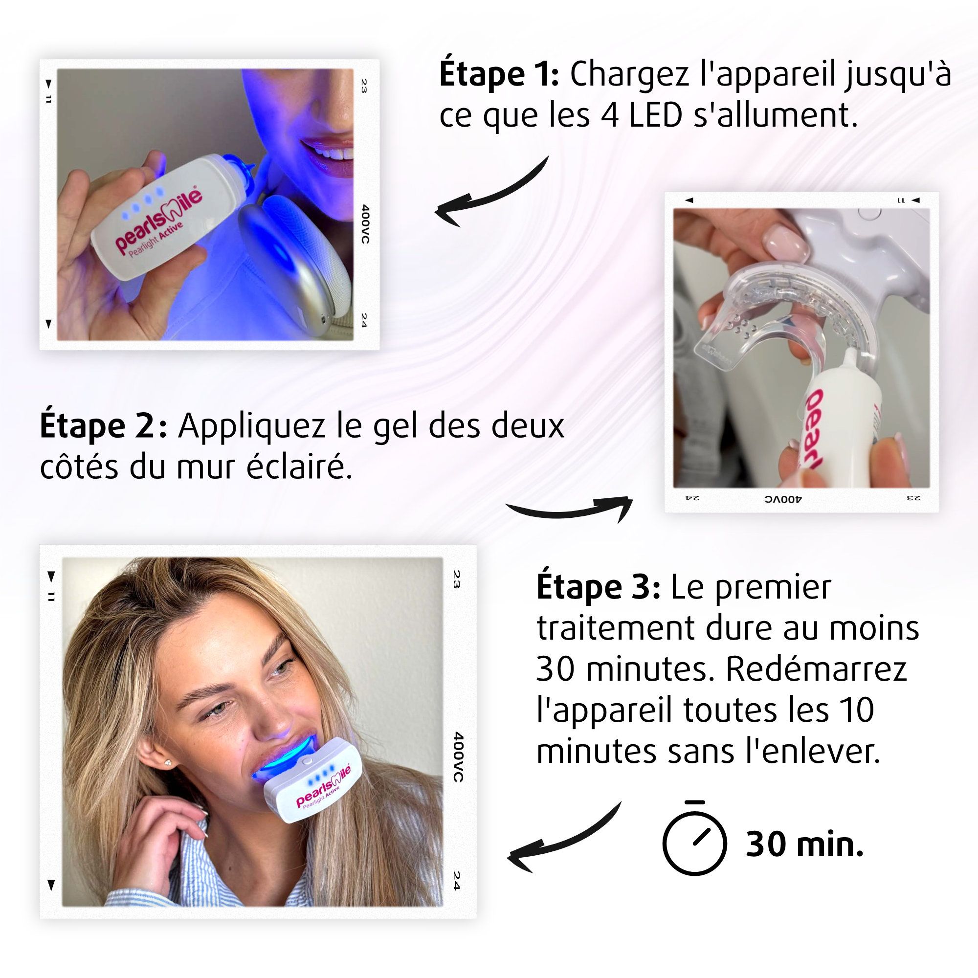 Trois étapes pour le blanchiment des dents. Femme avec lampe et gouttière. Texte: Étape 1, 2, 3. 30 min.