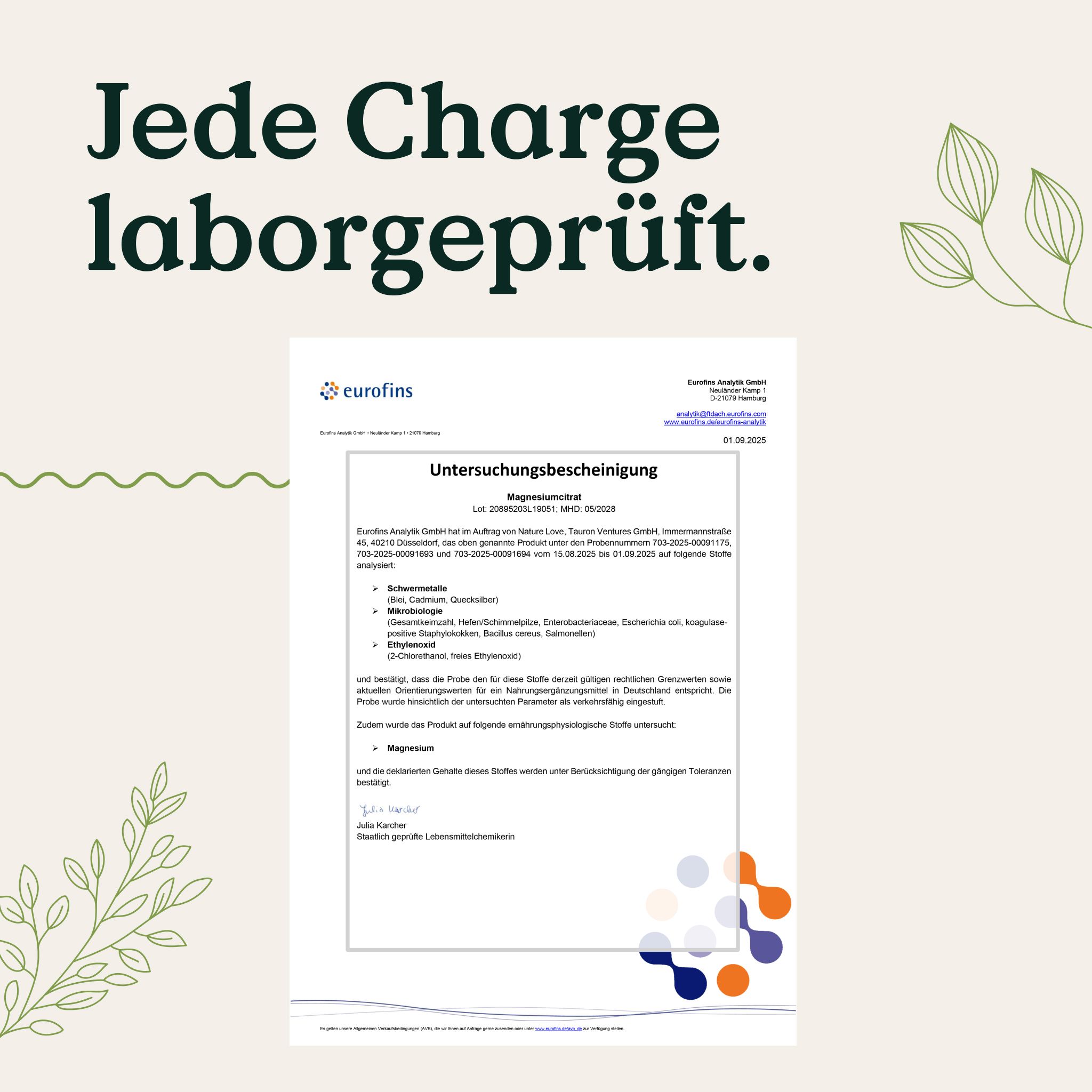 Laborbericht von Eurofins zur Prüfung von Magnesiumcitrat. Text: Jede Charge laborgeprüft.