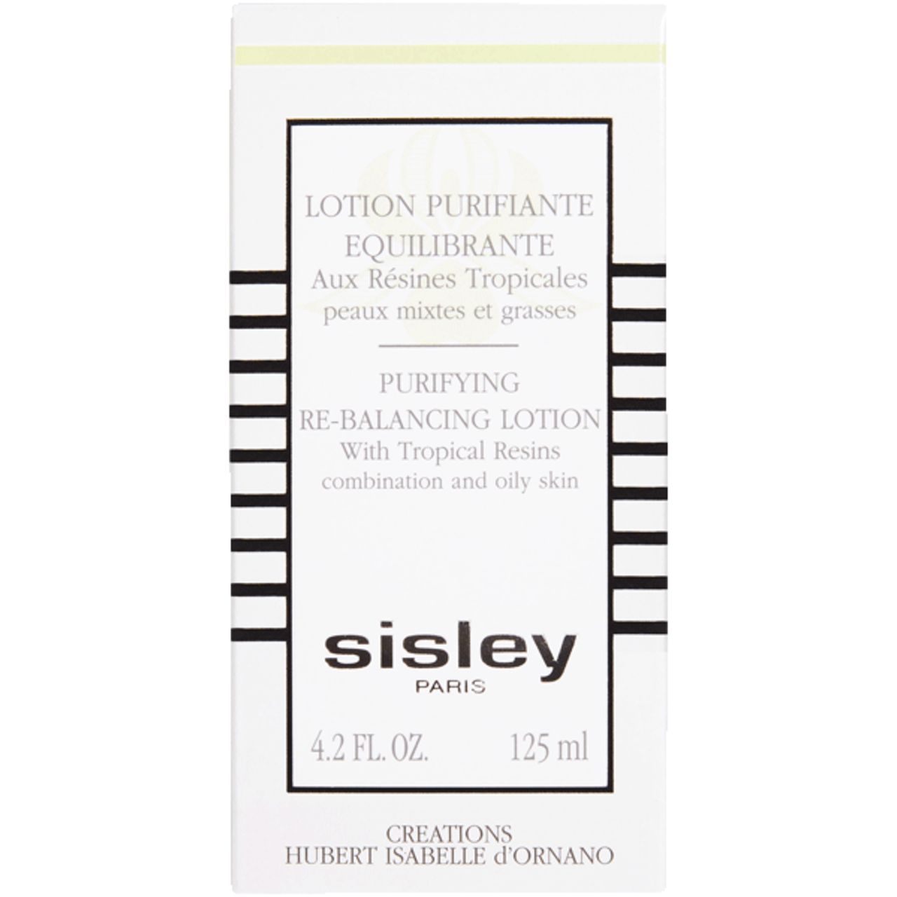 Weiße Verpackung mit schwarzer Schrift. Beschriftung: Lotion Purifiante Equilibrante, Sisley. Volumen: 125 ml.