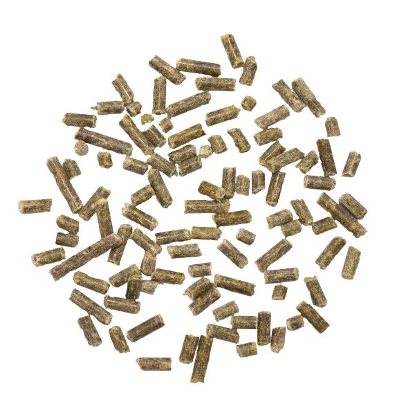 Haufen zylindrischer, braun-grüner Pellets auf weißem Hintergrund.