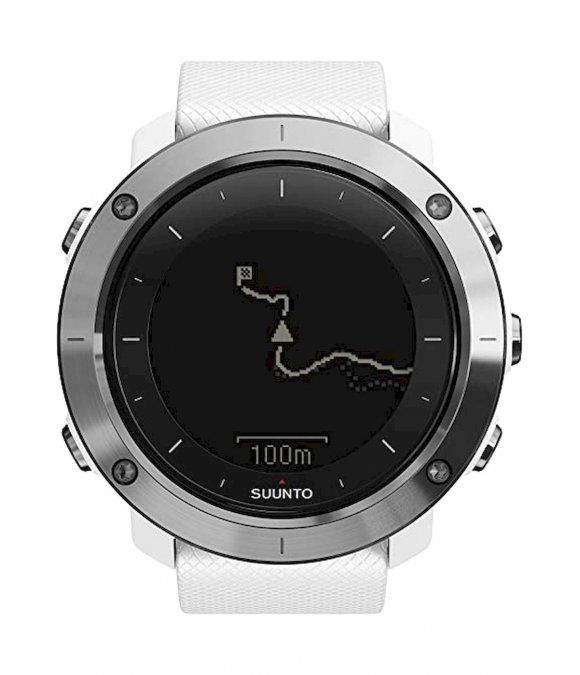 Weisse Pulsuhr mit silbernem Gehäuse. Schwarzes Display mit Karte und "SUUNTO"-Logo. Armband aus weissem Silikon.