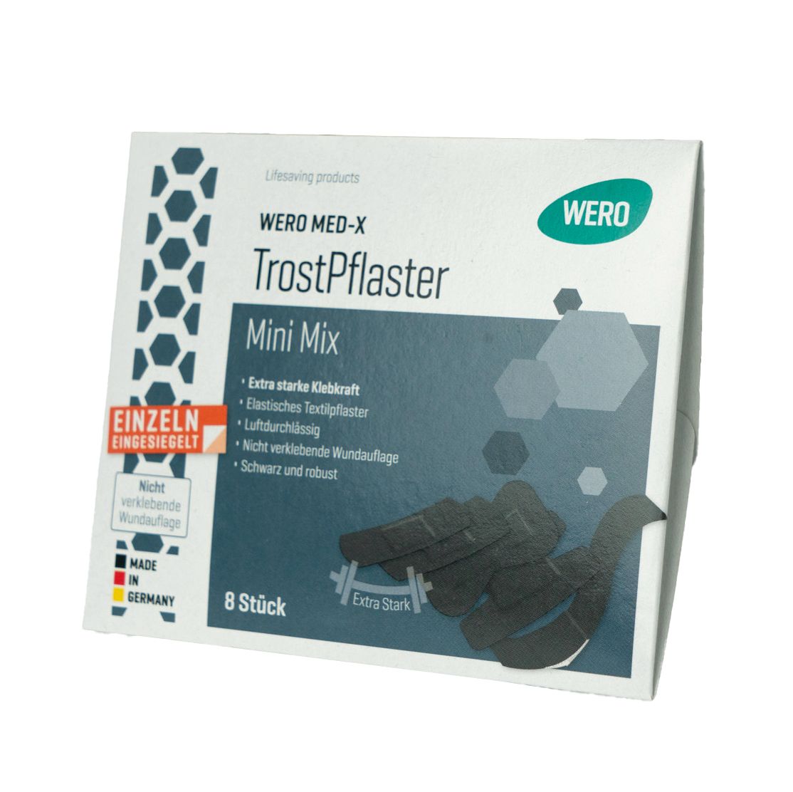 WERO MED-X TrostPflaster Mini Mix Verpackung. 8 Stück. Einzeln versiegelt. Schwarze Pflaster sind abgebildet.
