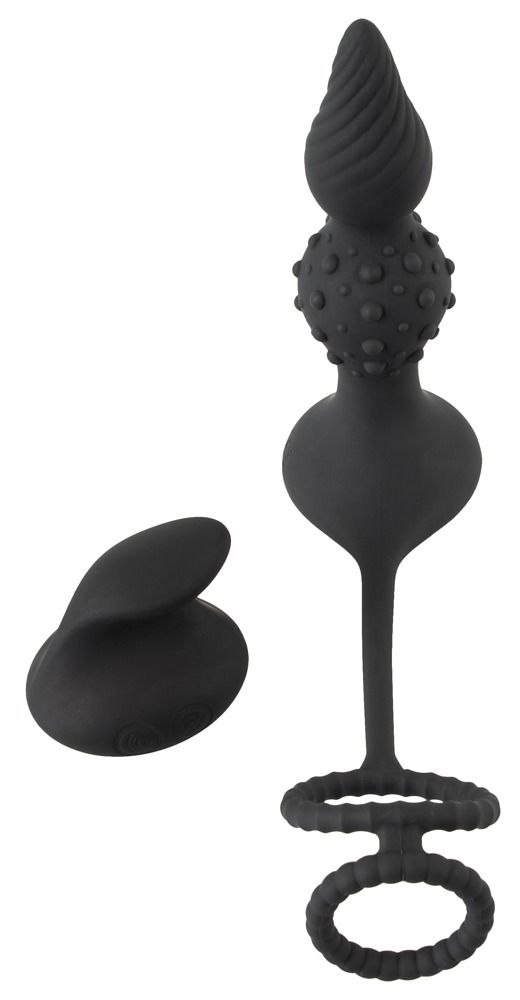 Schwarzer Analvibrator mit gerillter Spitze und Noppen, mit zwei Ringen.