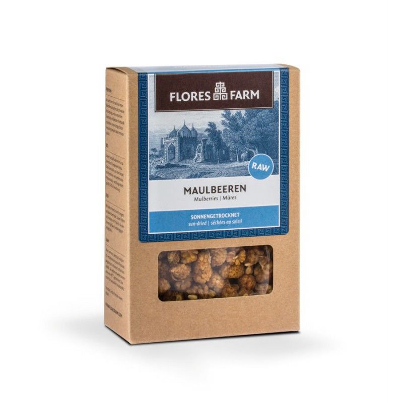 Kartonverpackung mit Maulbeeren. Sichtfenster. Aufschrift: Flores Farm, Maulbeeren, sonnengetrocknet, RAW.
