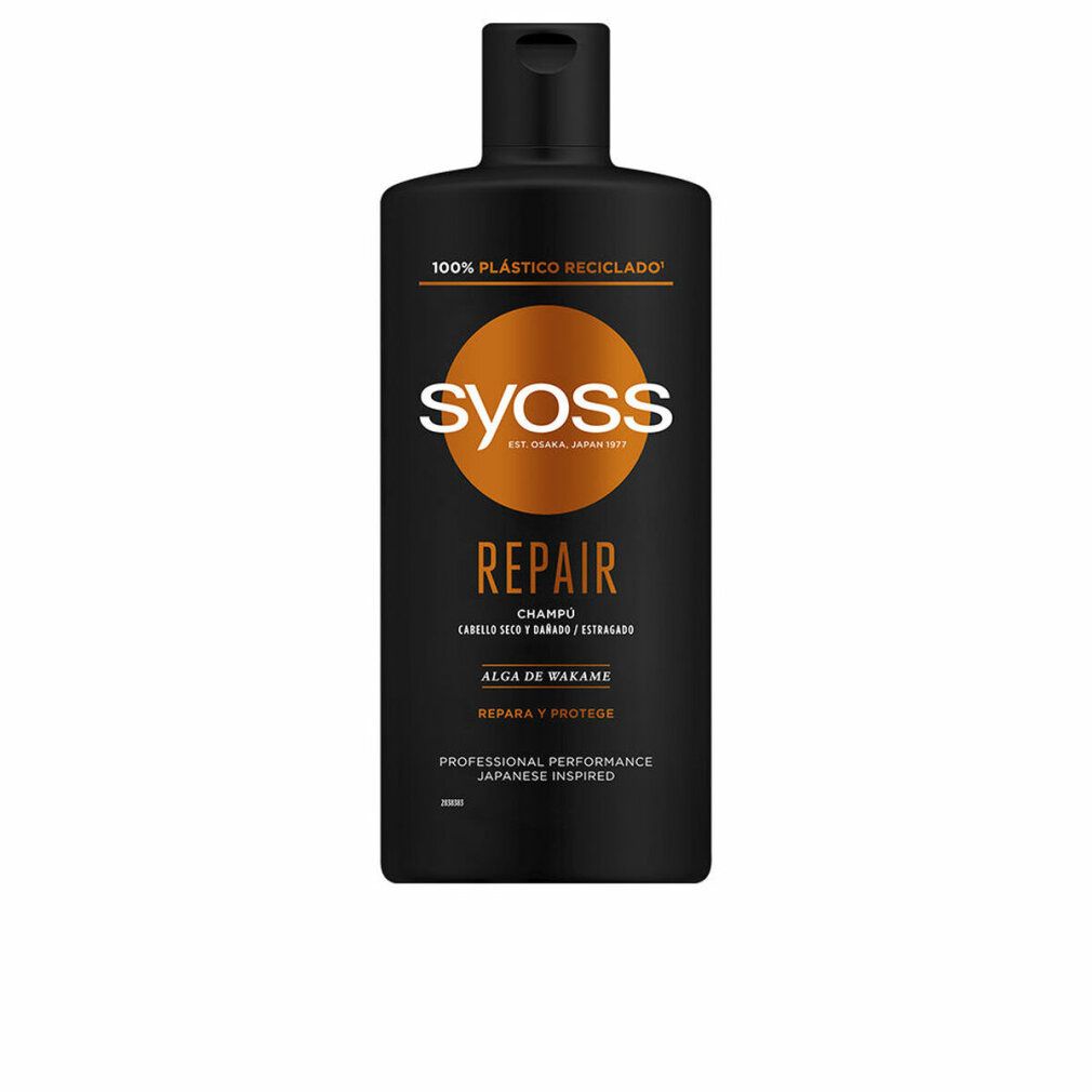 Schwarze Shampoo-Flasche mit SYOSS-Logo und „REPAIR“-Schriftzug. Text: „ALGA DE WAKAME“ und „REPARA Y PROTEGE“.