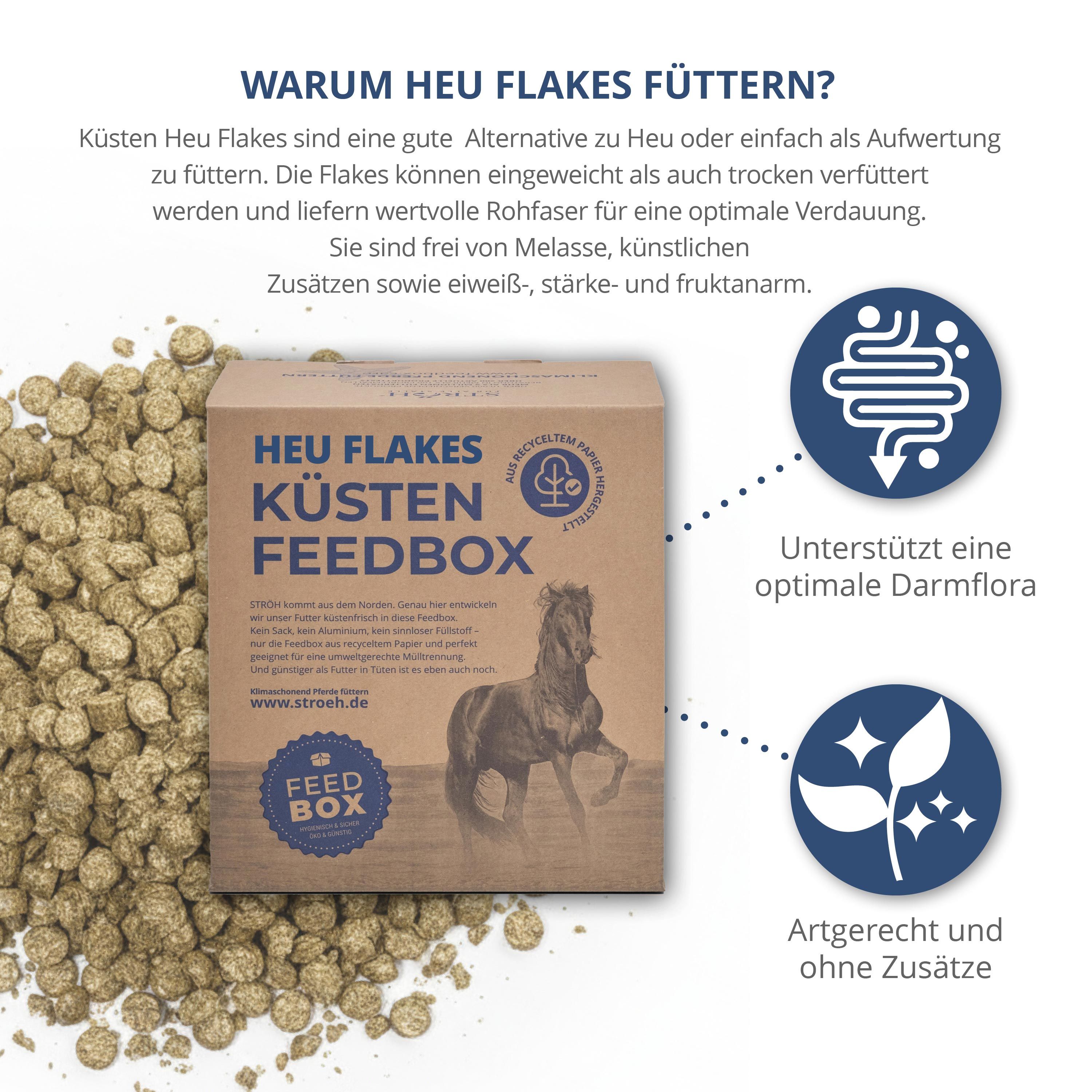 Karton "Heu Flakes Küsten Feedbox" mit Futterflocken. Text: Warum Heu Flakes füttern? Unterstützt Darmflora, ohne Zusätze.