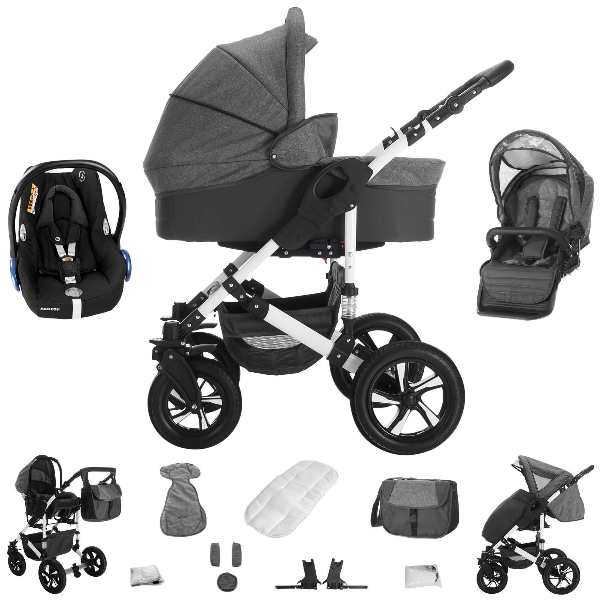 Bebebi Florida 3 in 1 Kinderwagen Set mit Original Maxi Cosi, Hartgummi Flocream