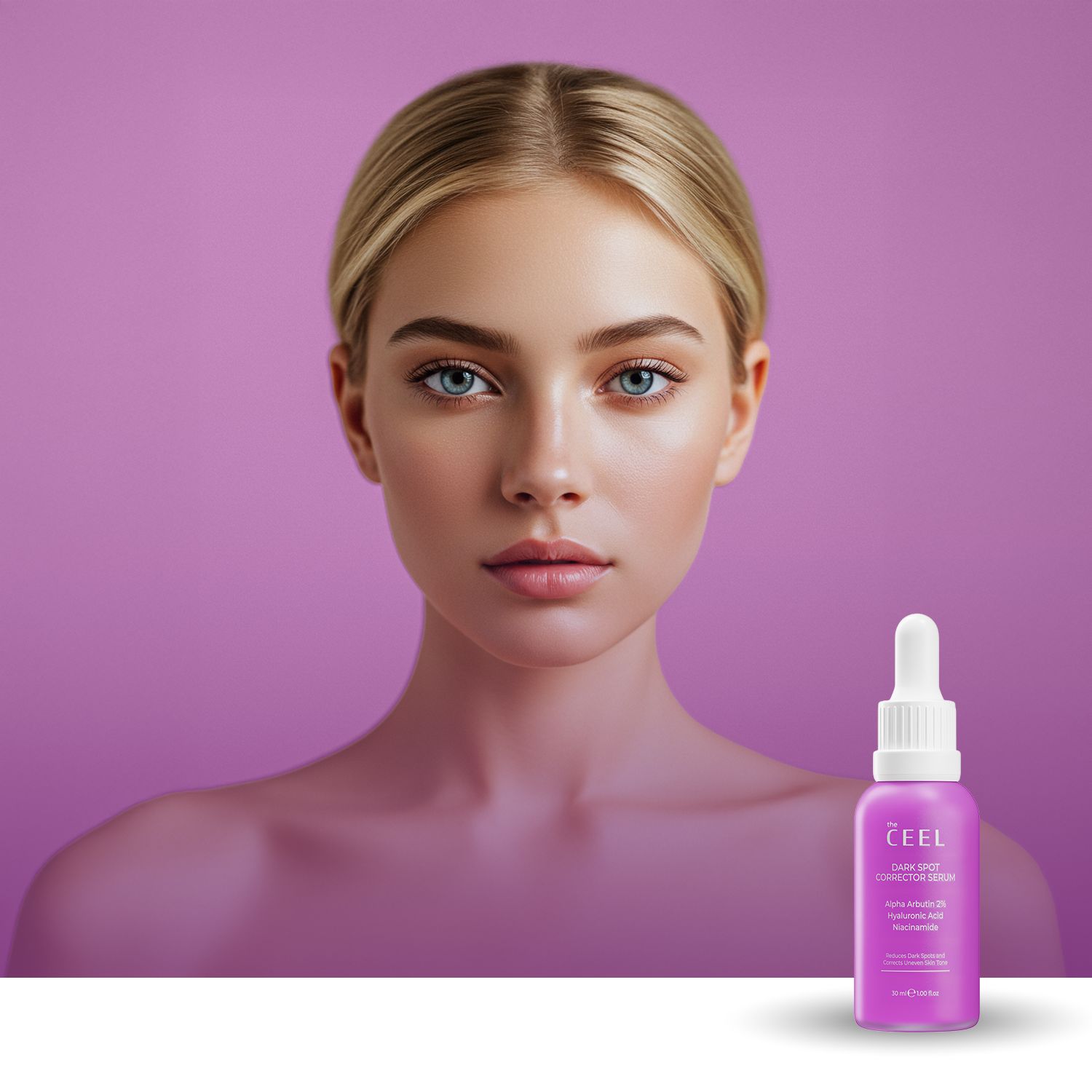 Porträt einer Frau mit einem lila Fläschchen des THE CEEL Anti Dark Spot Corrector Serums im Vordergrund.