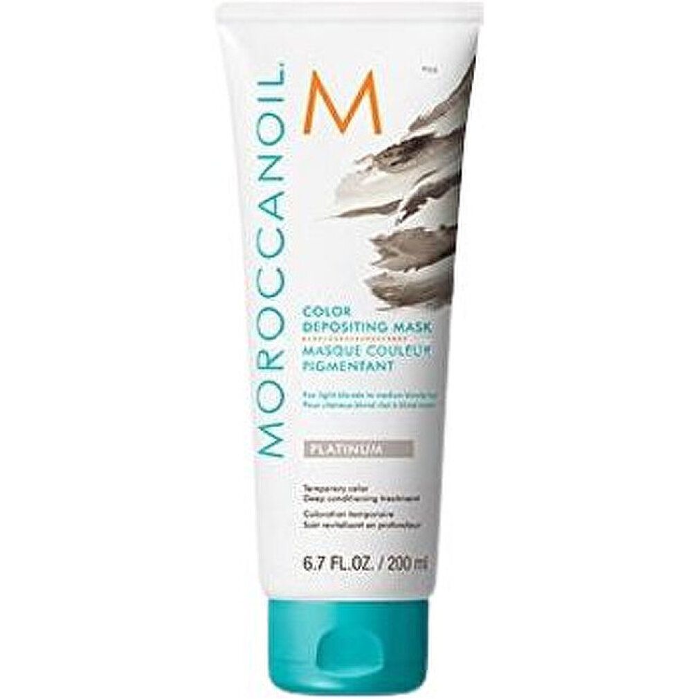 Weiß-türkisfarbene Tube. Aufschrift: Moroccanoil Color Depositing Mask Platinum. 6.7 FL.OZ./200 ml.