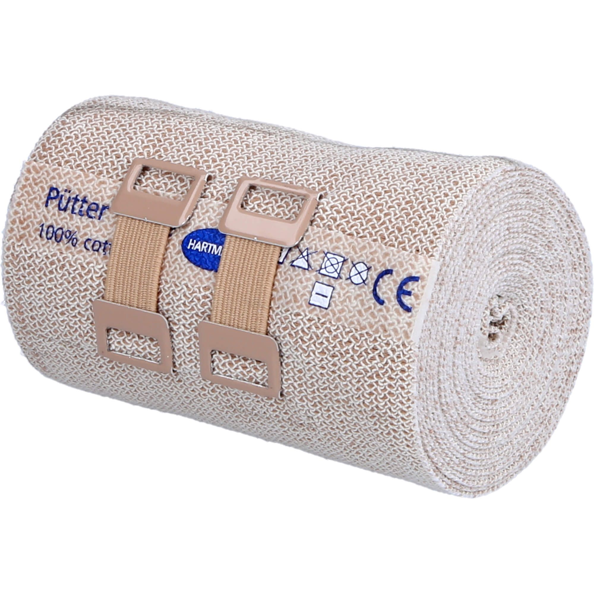 Hartmann Pütterbinde®. Beige Binde mit zwei Befestigungsclips. Produktname und Logo sichtbar. 100% Baumwolle.