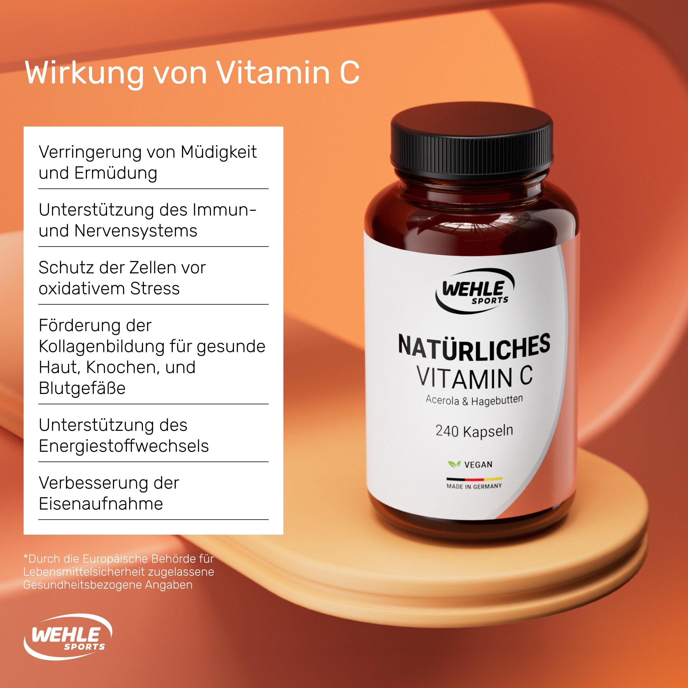 Braune Flasche mit schwarzen Deckel. Aufschrift: Wehle Sports, Natürliches Vitamin C, Acerola & Hagebutte, 240 Kapseln. Wirkung von Vitamin C.