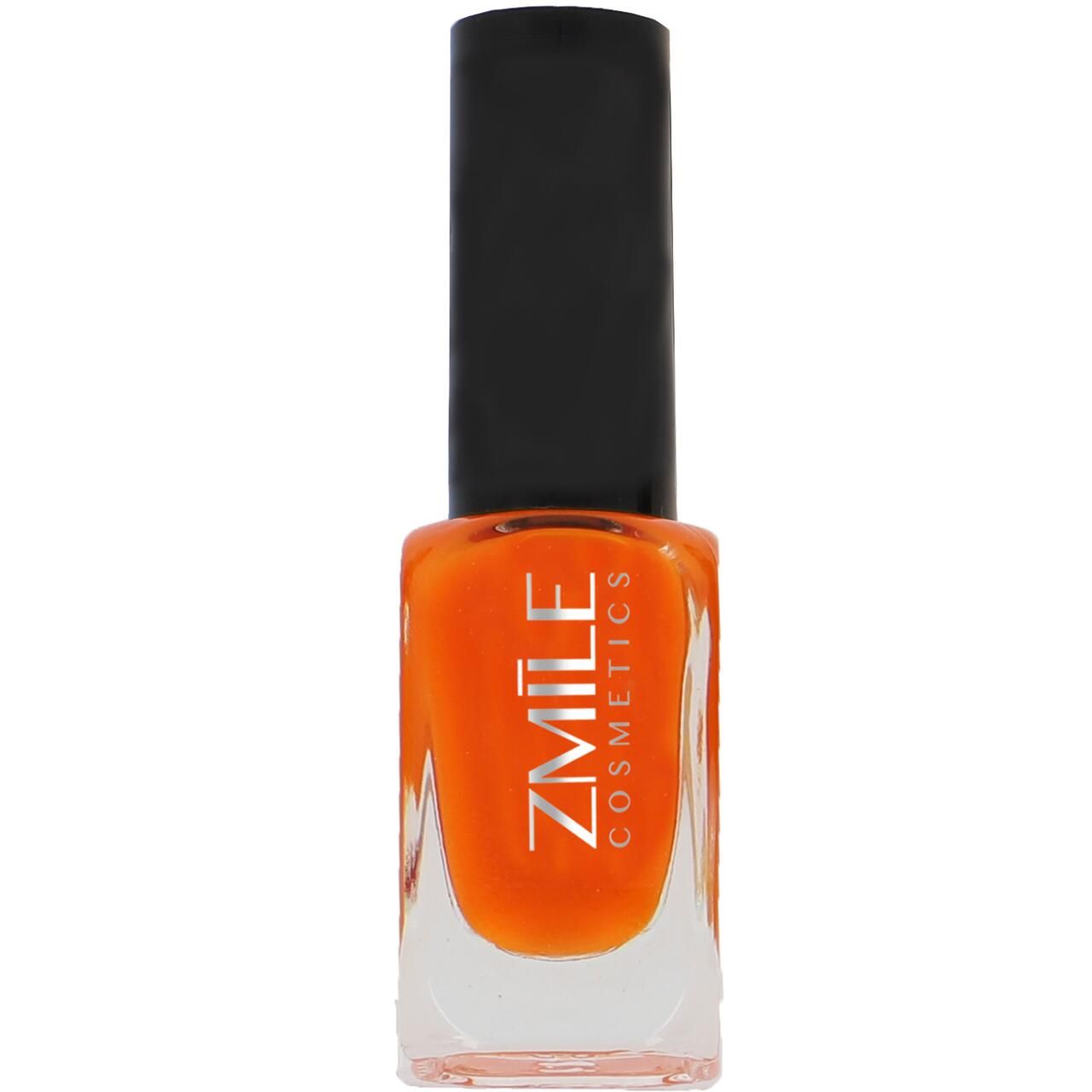 Orangefarbener Nagellack von ZMILE Cosmetics. Flasche mit schwarzem Deckel. Klarer Behälter mit orangefarbenem Inhalt. Weißer Schriftzug.