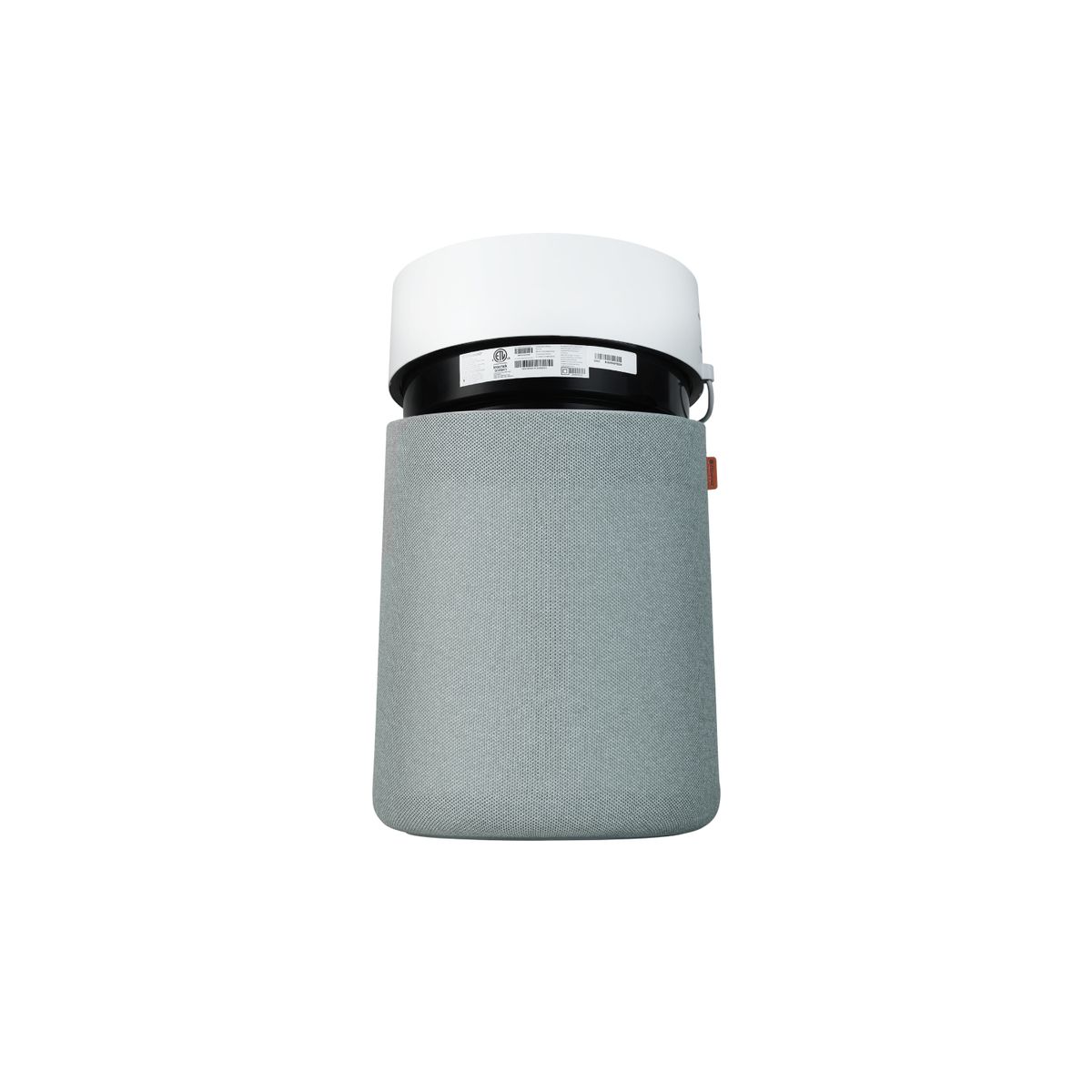 Luftreiniger mit grauem Stoffbezug und weißem Oberteil. Rückseite mit technischen Informationen.