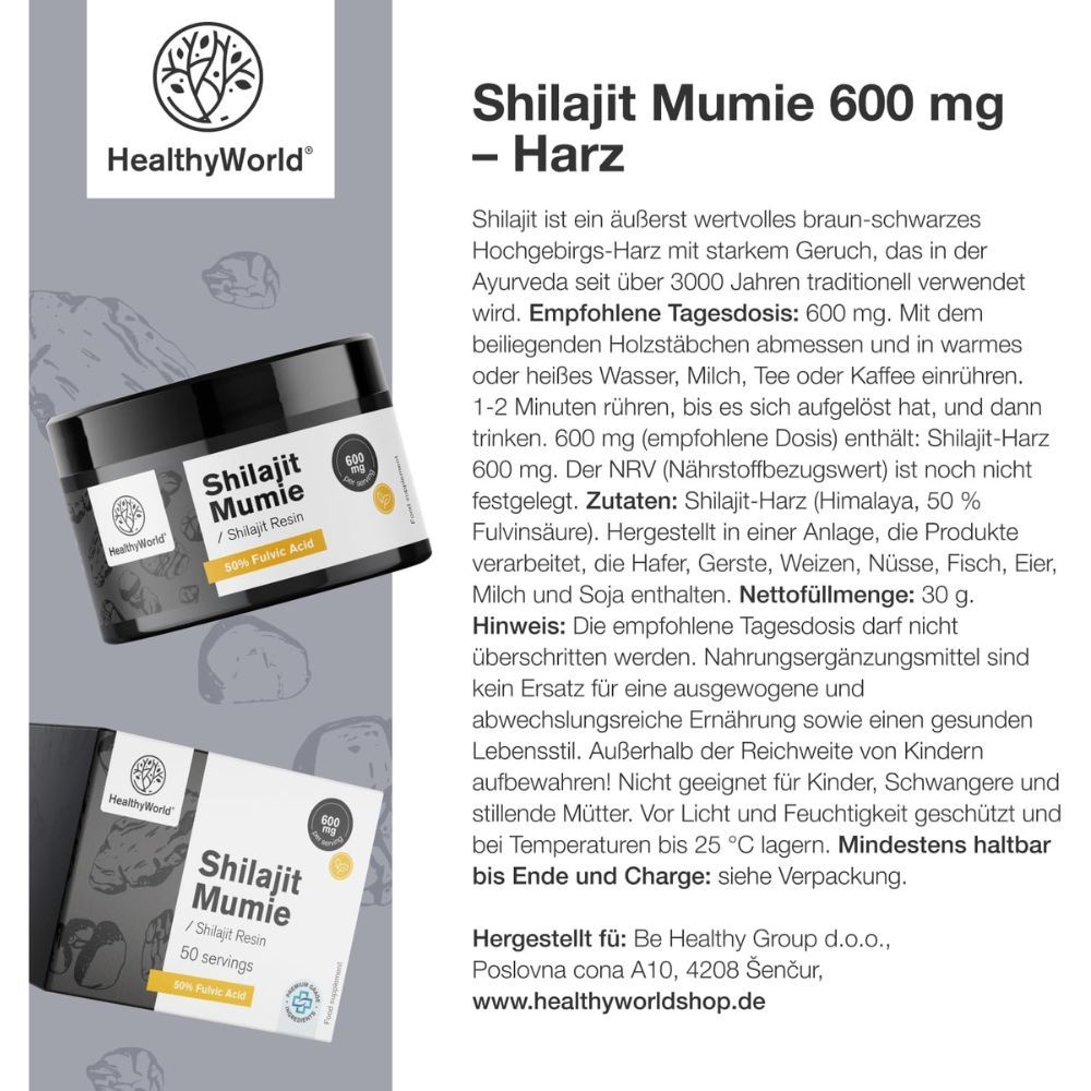 Produktverpackung Shilajit Mumie, 600 mg, Harz, 50 Portionen. Ayurveda, effektive Aufnahme, Unterstützung.