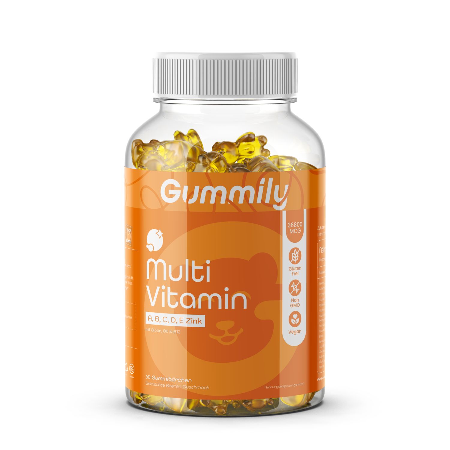 Gummily Multivitamin-Gummibärchen in einer transparenten Flasche. Aufschrift: Multi Vitamin, ABCDE Zink. Vegan, glutenfrei.
