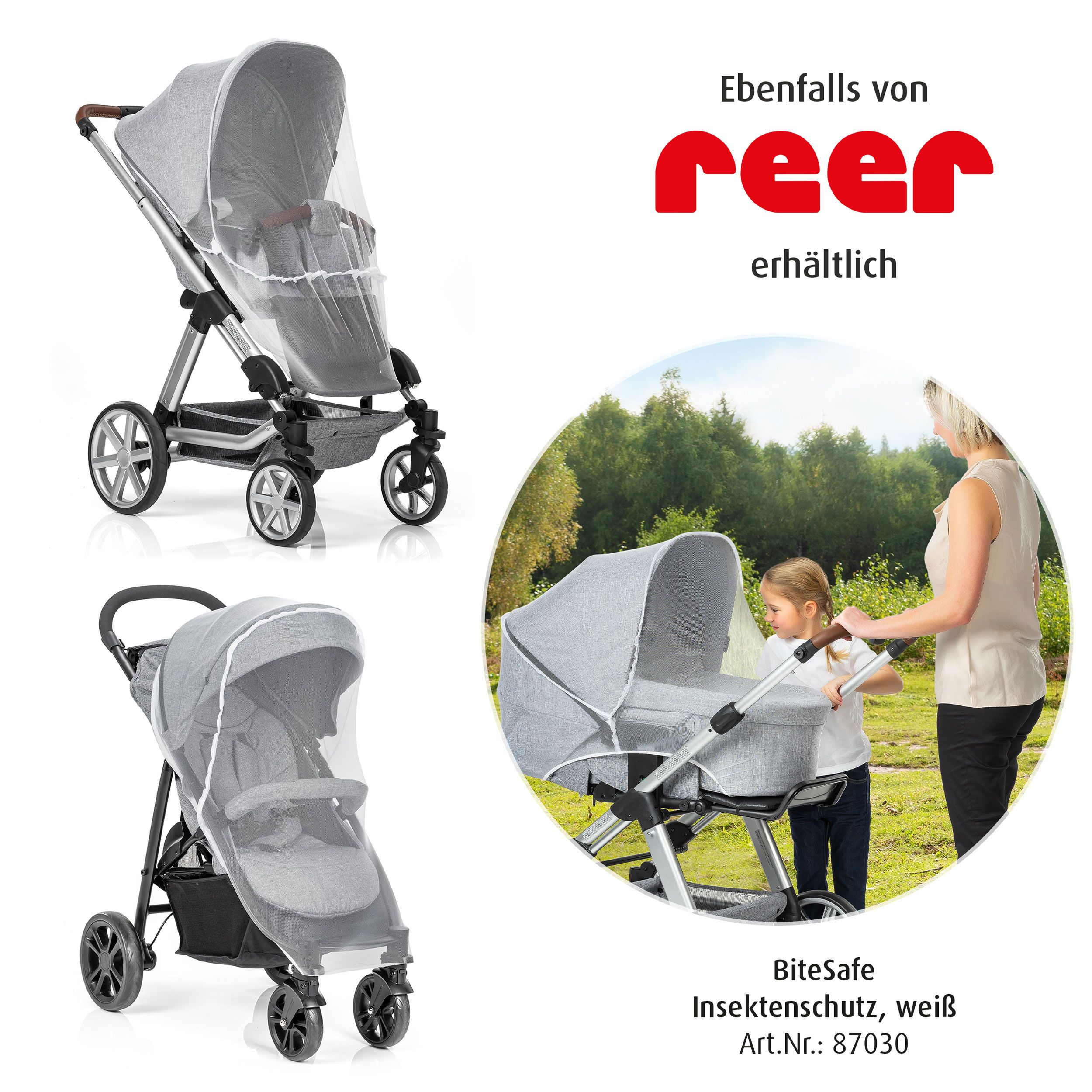 Kinderwagen mit Insektenschutz, weiß. Text: Ebenfalls von reer erhältlich.