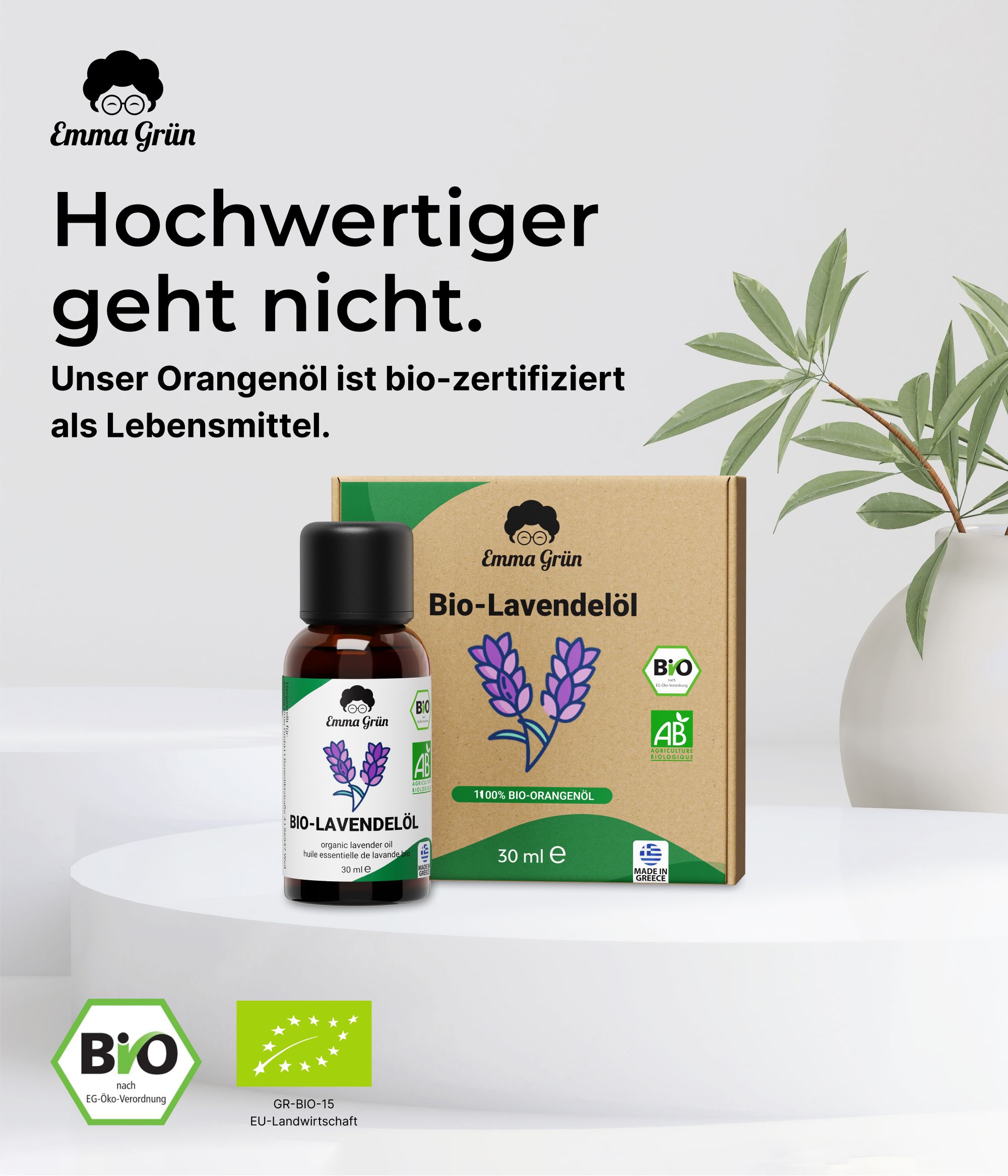 Flasche Bio-Lavendelöl und Verpackung. Text: Hochwertiger geht nicht. Unser Orangenöl ist bio-zertifiziert als Lebensmittel. Bio-Siegel, AB-Siegel.