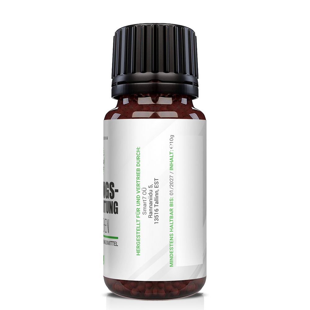 Braune Glasflasche mit schwarzem Deckel. Etikett mit Herstellerinformationen und Mindesthaltbarkeitsdatum. Marke: Saint Nutrition.