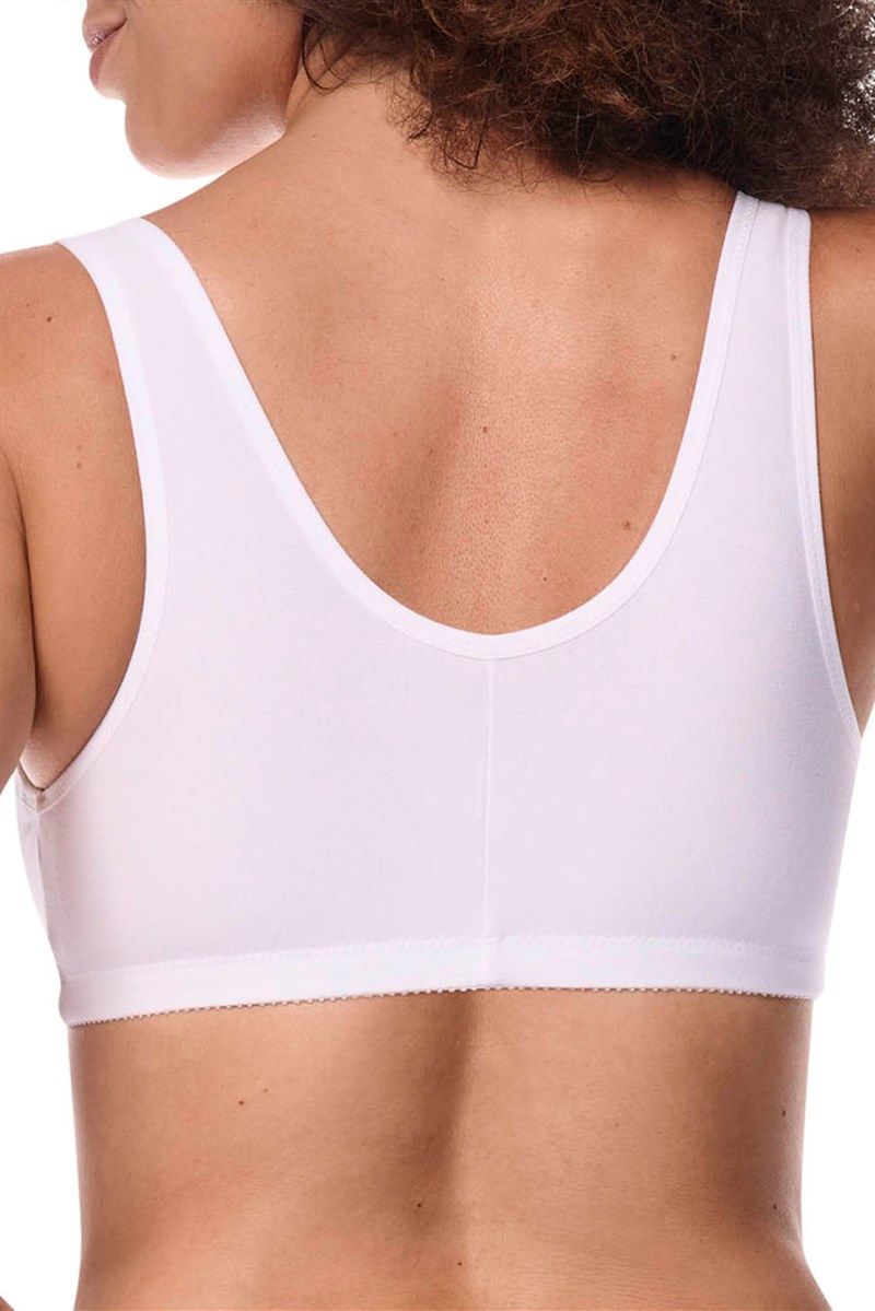 Weißer BH mit breiten Trägern und Frontverschluss. Rückansicht, zeigt den Rücken und die Träger.