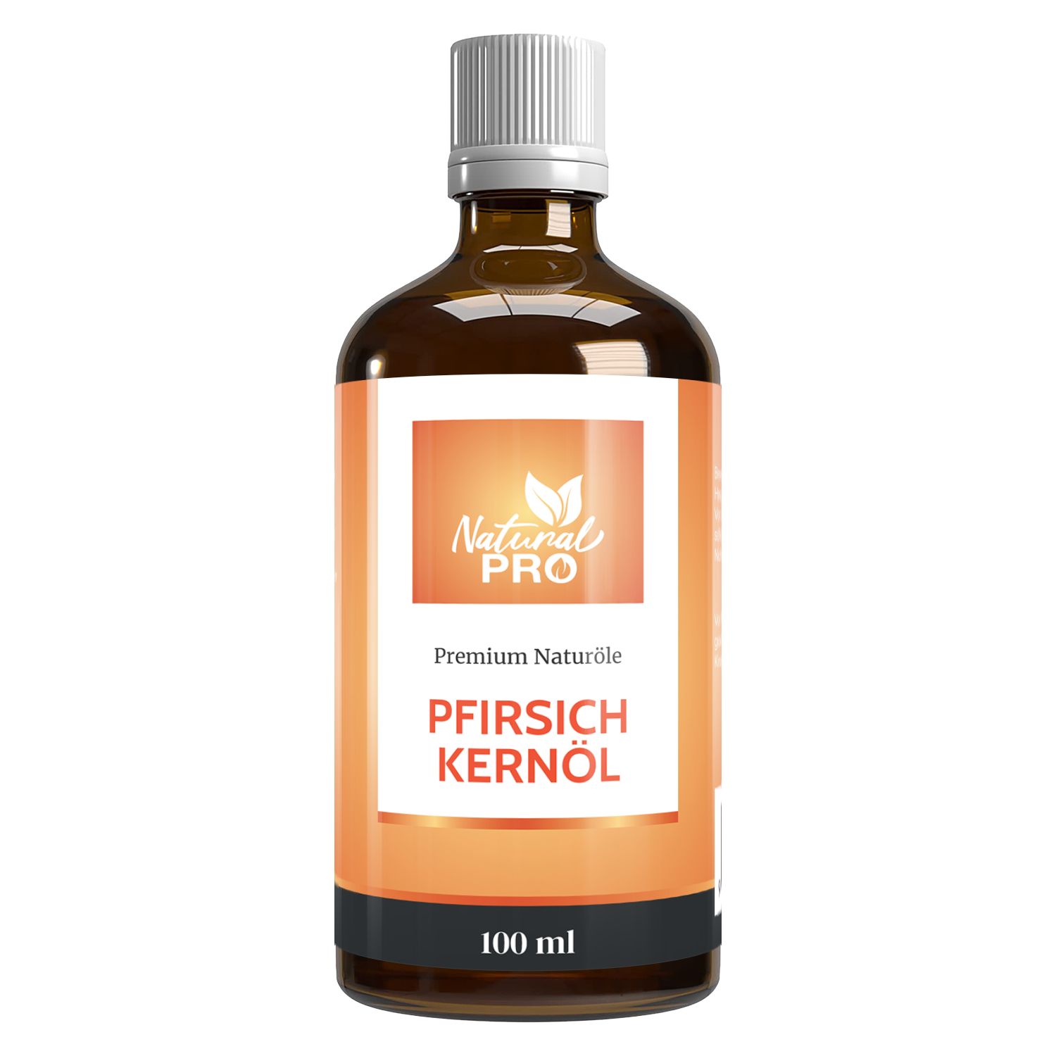 Braune Glasflasche mit weißem Deckel. Etikett mit Text: Pfirsichkernöl, 100 ml. Logo und Produktbezeichnung. Orangefarbener Hintergrund.