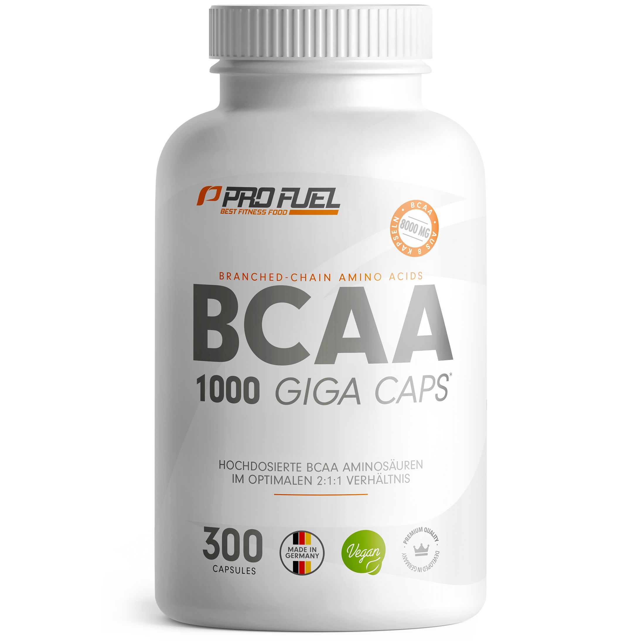 Weiße Flasche mit BCAA Kapseln. 300 Kapseln, 1000 GIGA CAPS. Vegan, Made in Germany. Optimiertes 2:1:1 Verhältnis.