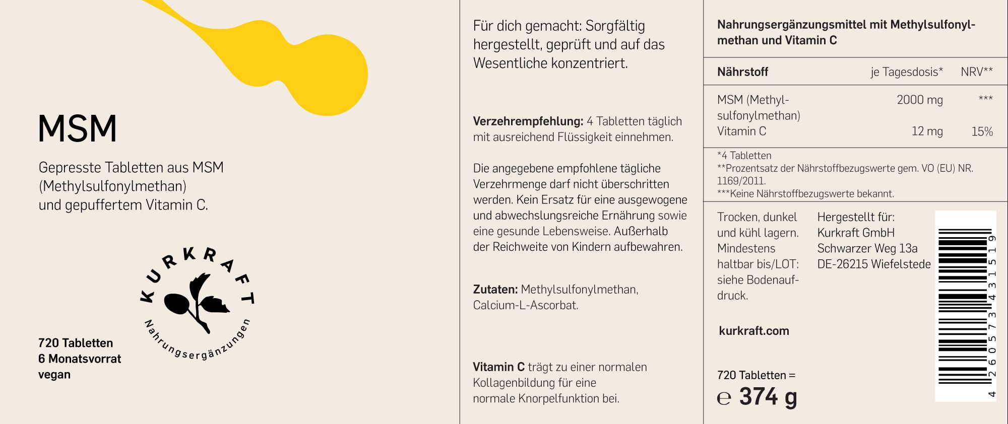 Etikett einer Flasche mit MSM Tabletten. Text: MSM, 720 Tabletten, 6 Monatsvorrat, vegan. Inhaltsstoffe: Methylsulfonylmethan, Calcium-L-Ascorbat.