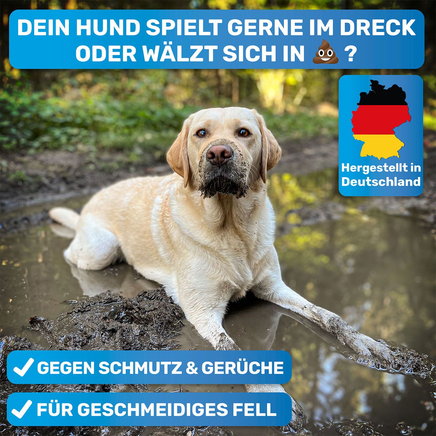 Hund liegt in Schlamm. Text: Gegen Schmutz & Gerüche, Für geschmeidiges Fell. Flagge Deutschland.
