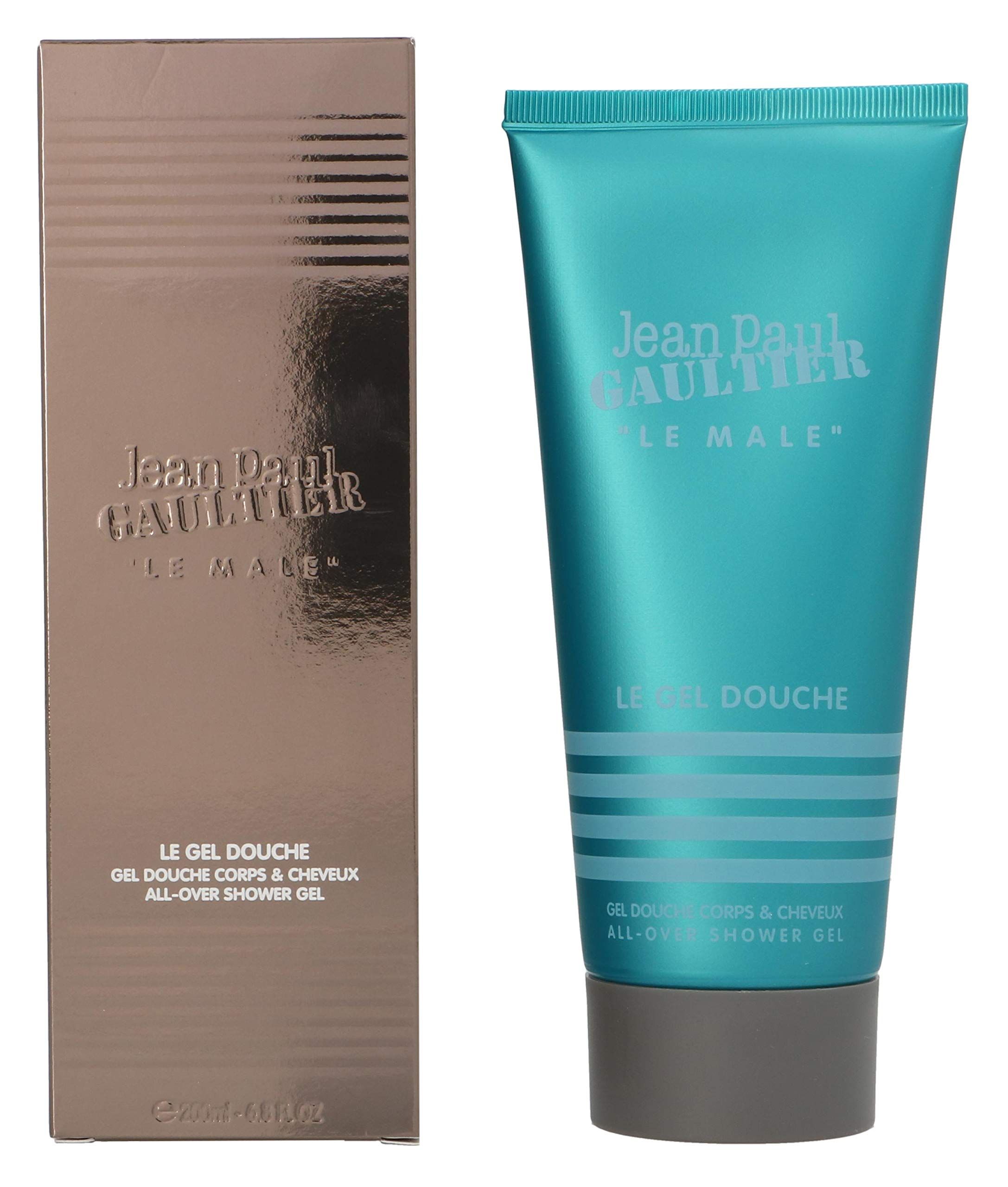 Produktverpackung und Tube. Marke Jean Paul Gaultier, Produktname Le Male Le Gel Douche. Türkisfarbene Tube, grauer Verschluss.