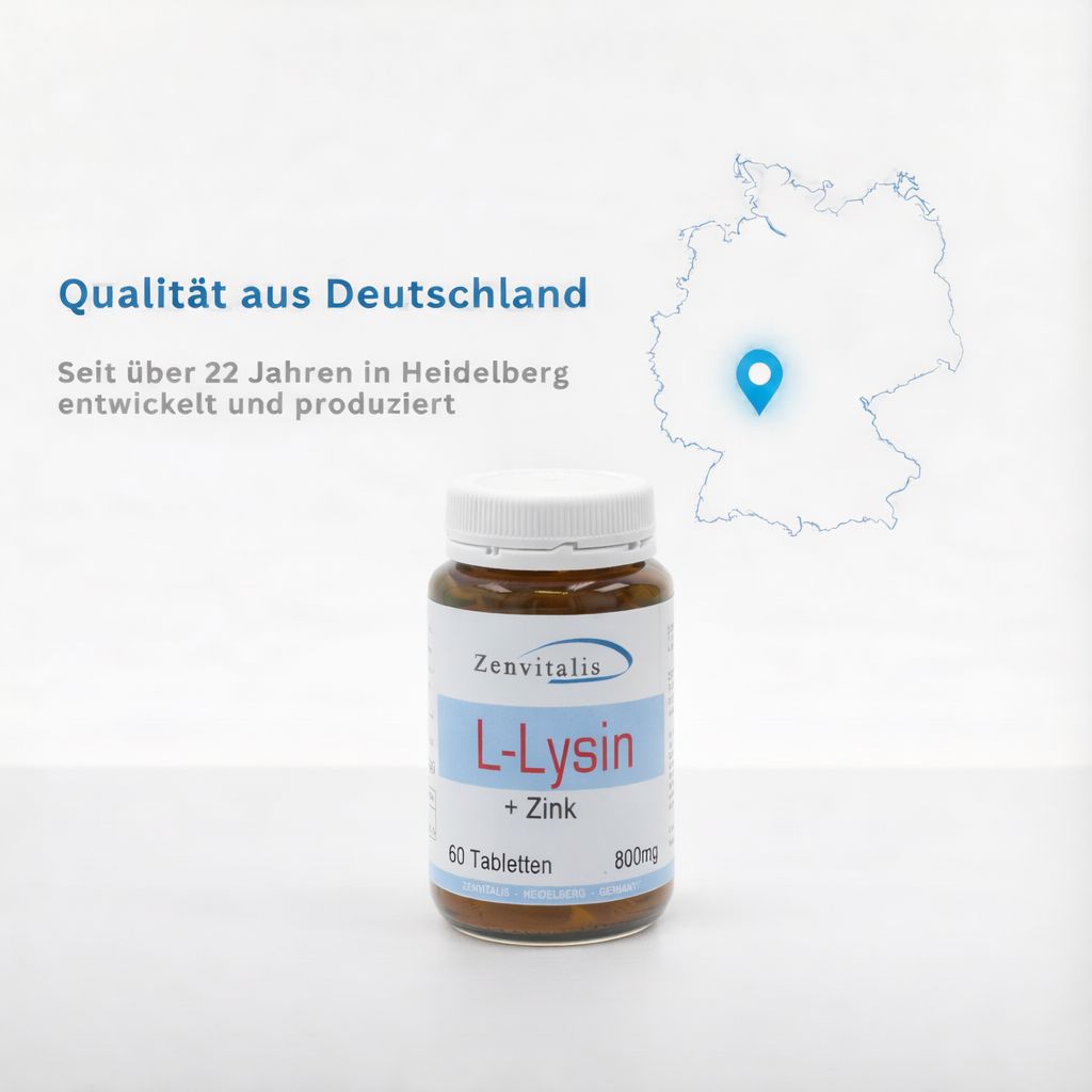Braune Flasche mit weißem Deckel. Etikett: "L-Lysin + Zink", "60 Tabletten", "800mg". Text: "Qualität aus Deutschland".