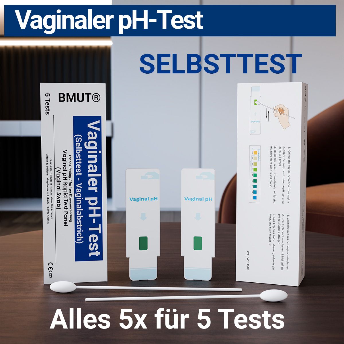 BMUT Vaginaler pH-Test Packung, 5 Tests, Teststreifen und Tupfer. Aufschrift: Vaginaler pH-Test (Selbsttest). Auf Tisch.
