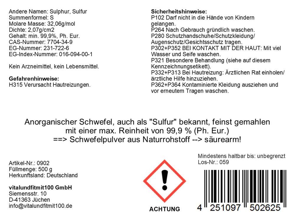 Anorganisches Schwefelpulver, 500g. Enthält 99,9% Schwefel. Warnsymbol und Sicherheitshinweise aufgedruckt.