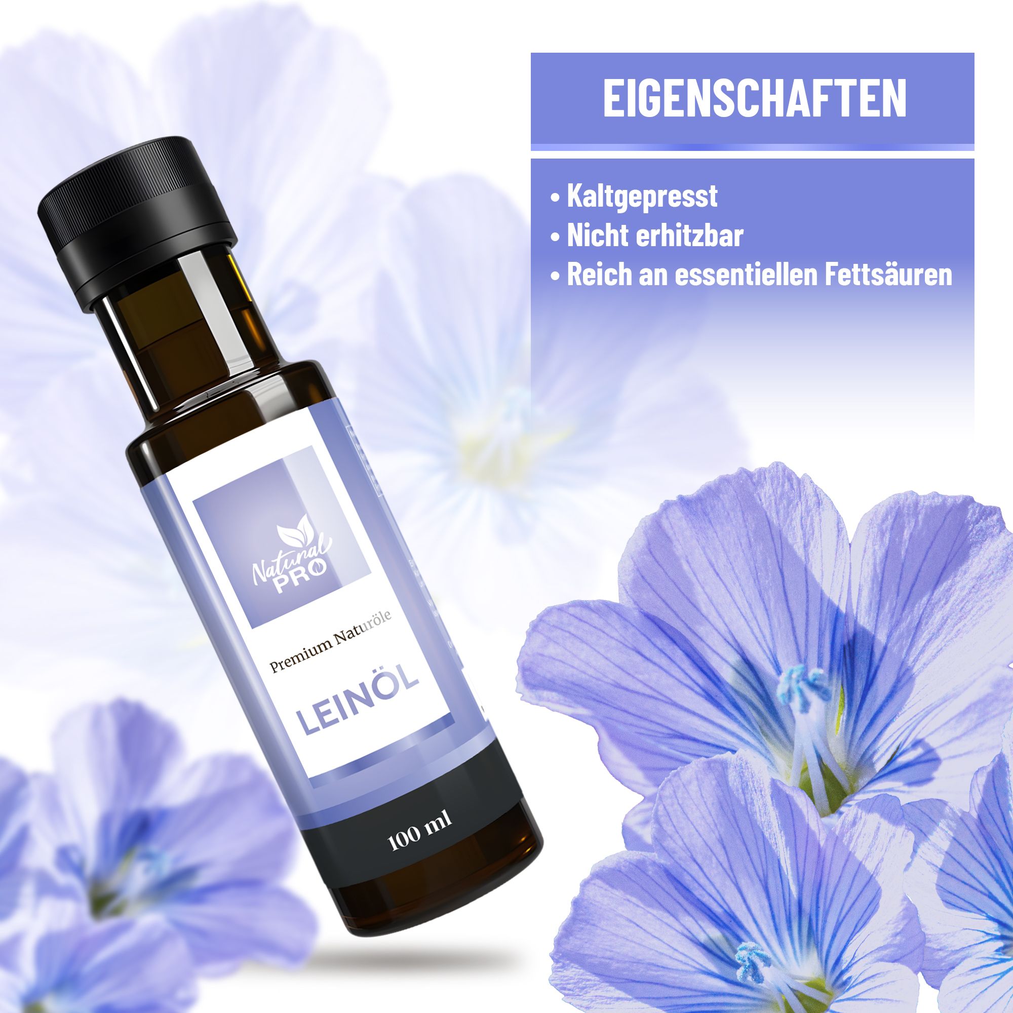 Braune Glasflasche mit schwarzem Deckel. Etikett mit Produktname und Marke. Blaue Blüten im Hintergrund.