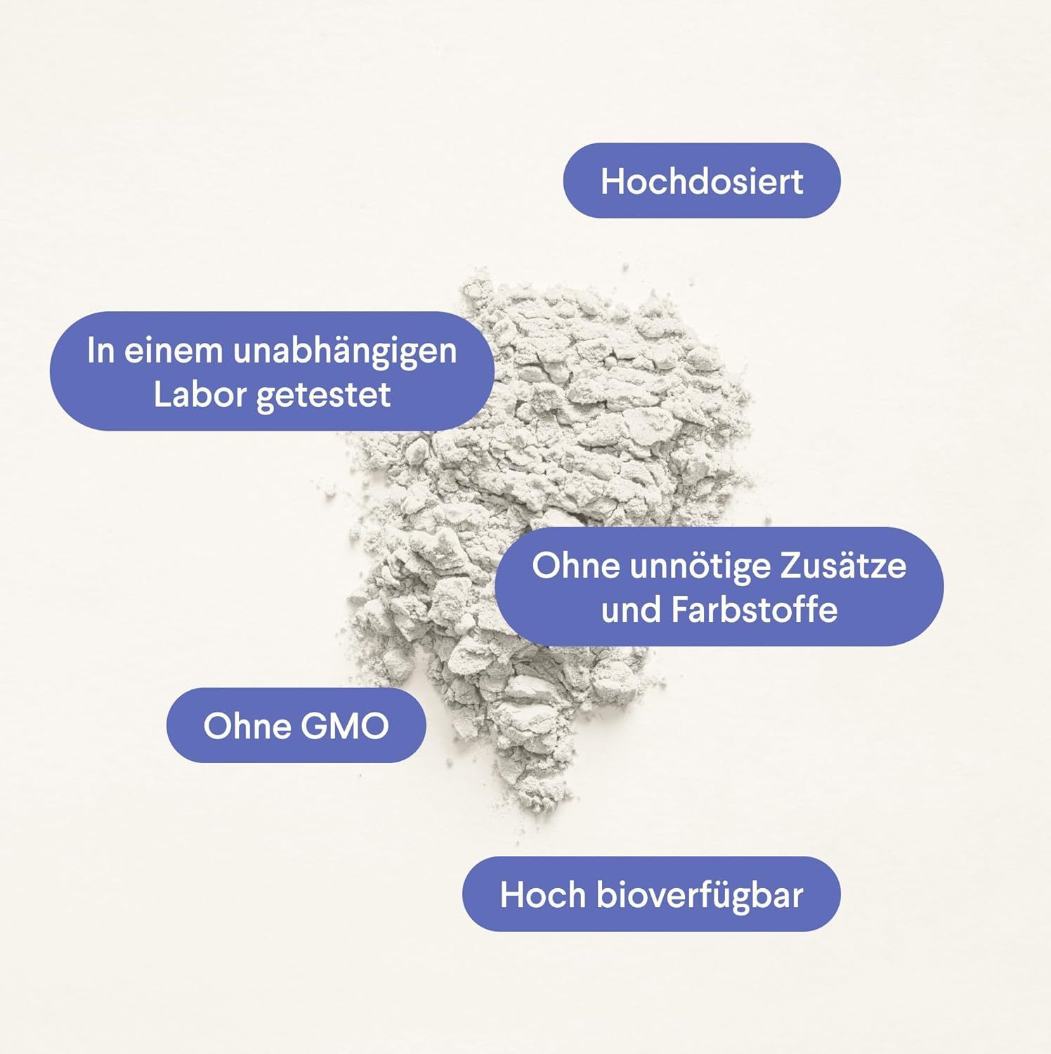 Haufen weißes Pulver. Text: Hochdosiert, in einem unabhängigen Labor getestet, ohne unnötige Zusätze und Farbstoffe, ohne GMO, hoch bioverfügbar.