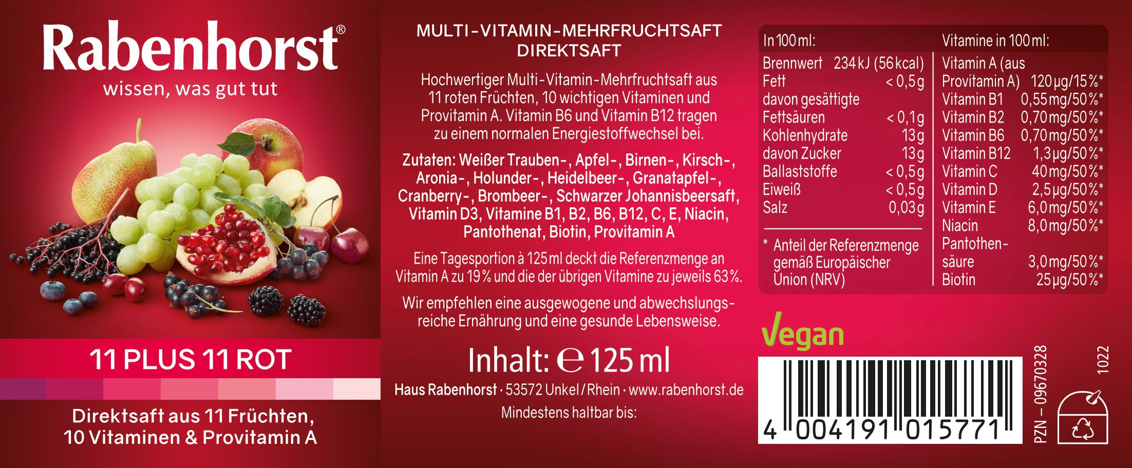Etikett der Rabenhorst 11 Plus 11 rot Mini-Flasche. Produktname, Zutaten, Nährwertangaben, Logo und Text.