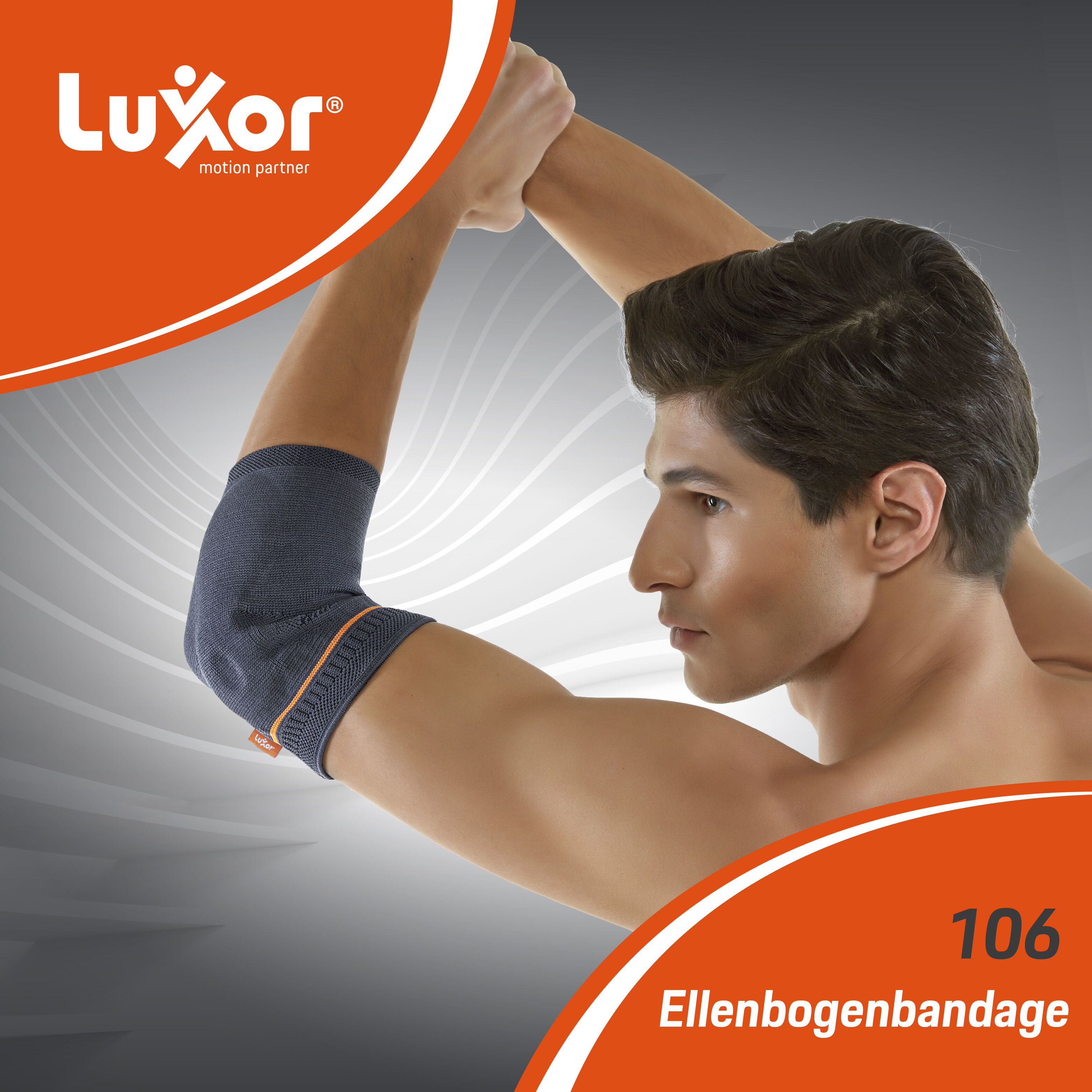 Ellbogenbandage am Arm eines Mannes. Dunkelgrau mit orangefarbenen Details. Luxor-Logo und Produktbezeichnung.