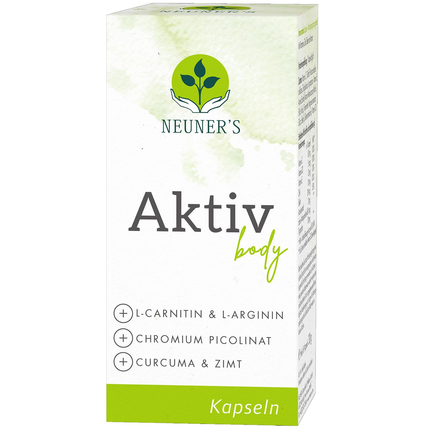 Kapseln-Verpackung mit Produktnamen "Aktiv body". Enthält L-Carnitin, L-Arginin, Chrompicolinat, Curcuma und Zimt. Marke: Neuner's.