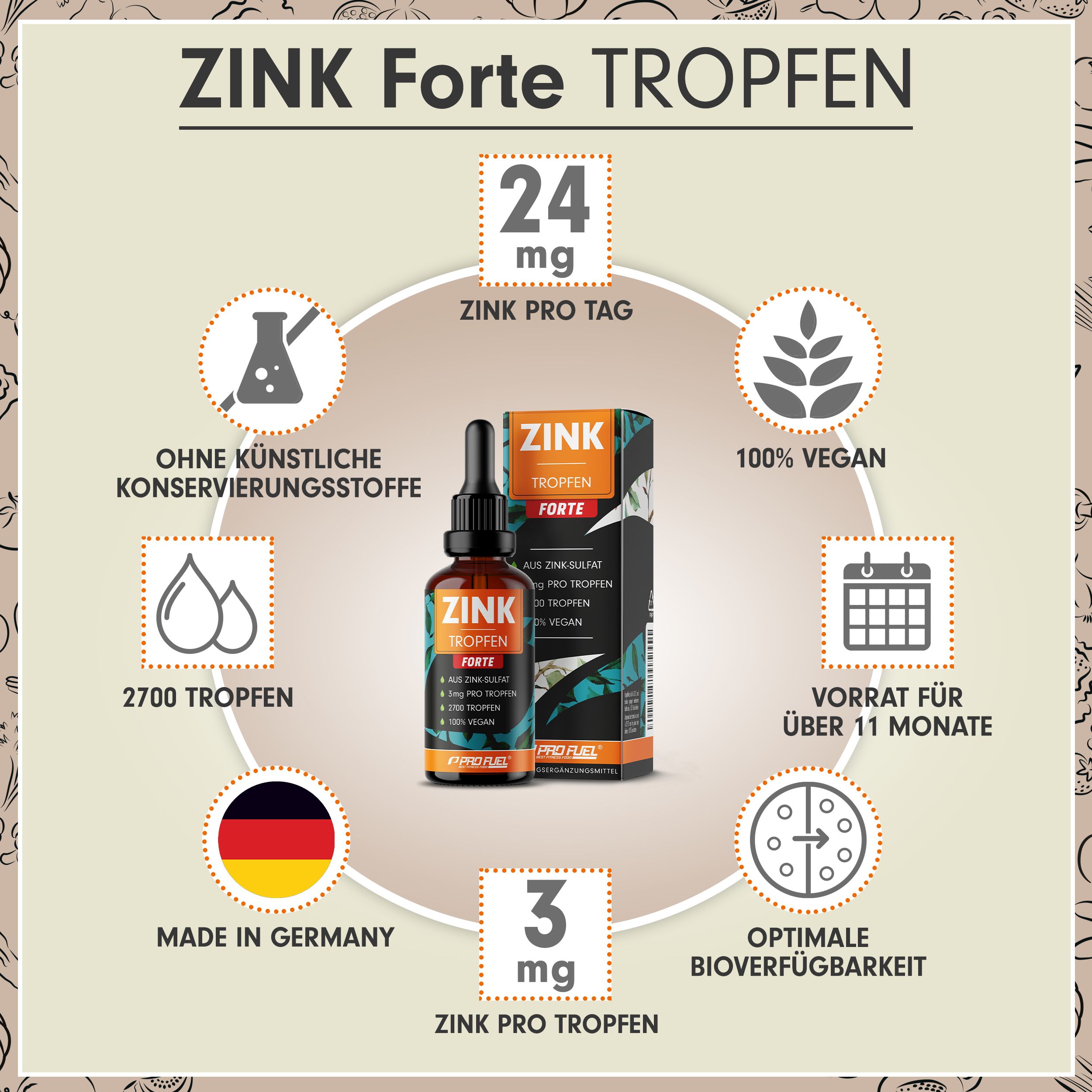 Produktabbildung mit Flasche und Verpackung. Informationen: 24mg Zink pro Tag, 2700 Tropfen, 100% vegan, optimale Bioverfügbarkeit, hergestellt in Deutschland.