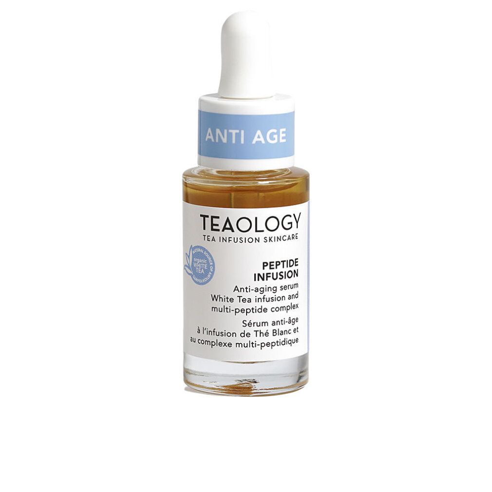 Teology Peptide Infusion Anti-Aging Serum in Glasflasche mit Pipette. Enthält weißen Tee und Multi-Peptid-Komplex. Nahaufnahme des Fläschchens.