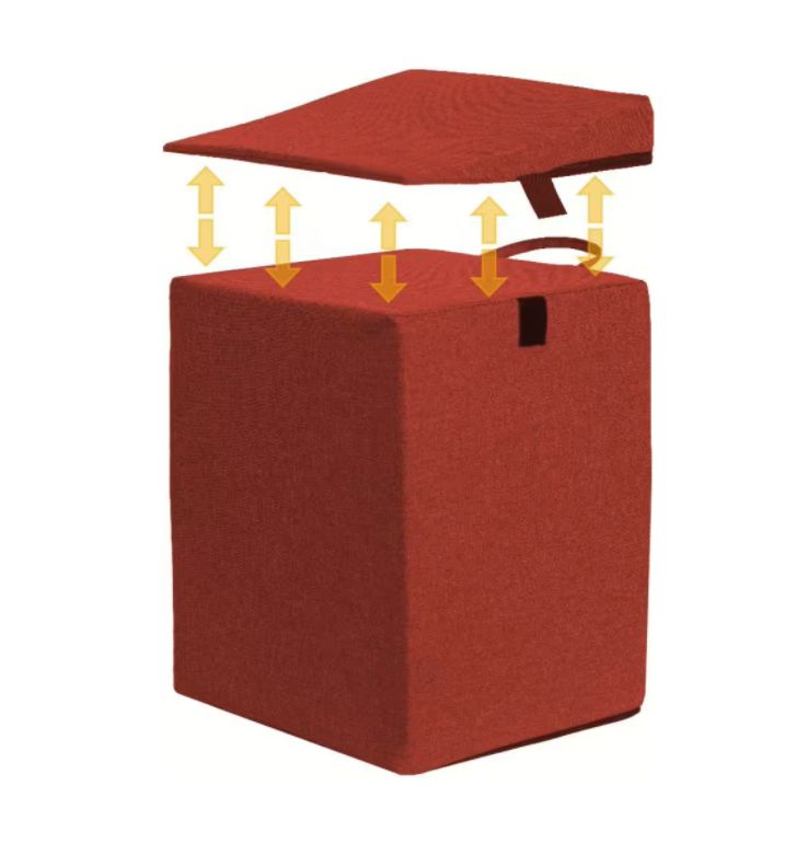 Roter Würfel mit abnehmbarer, schräger Oberseite. Trageschlaufe. Gelbe Pfeile zeigen die Trennung.