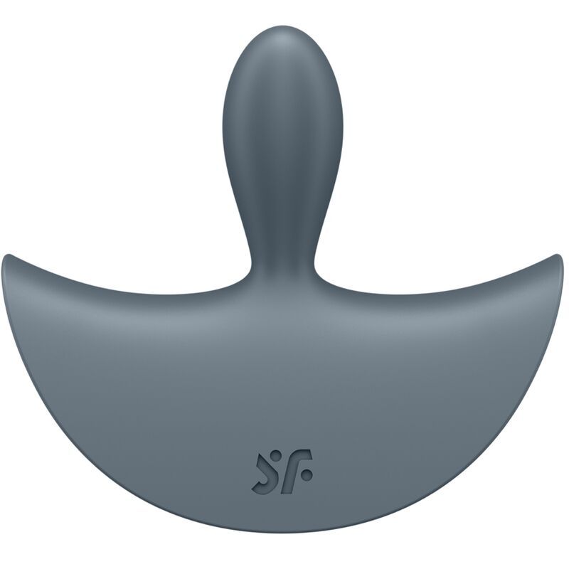 Grauer Analplug mit geschwungenen Flügeln und Griff. Logo 'sf'.