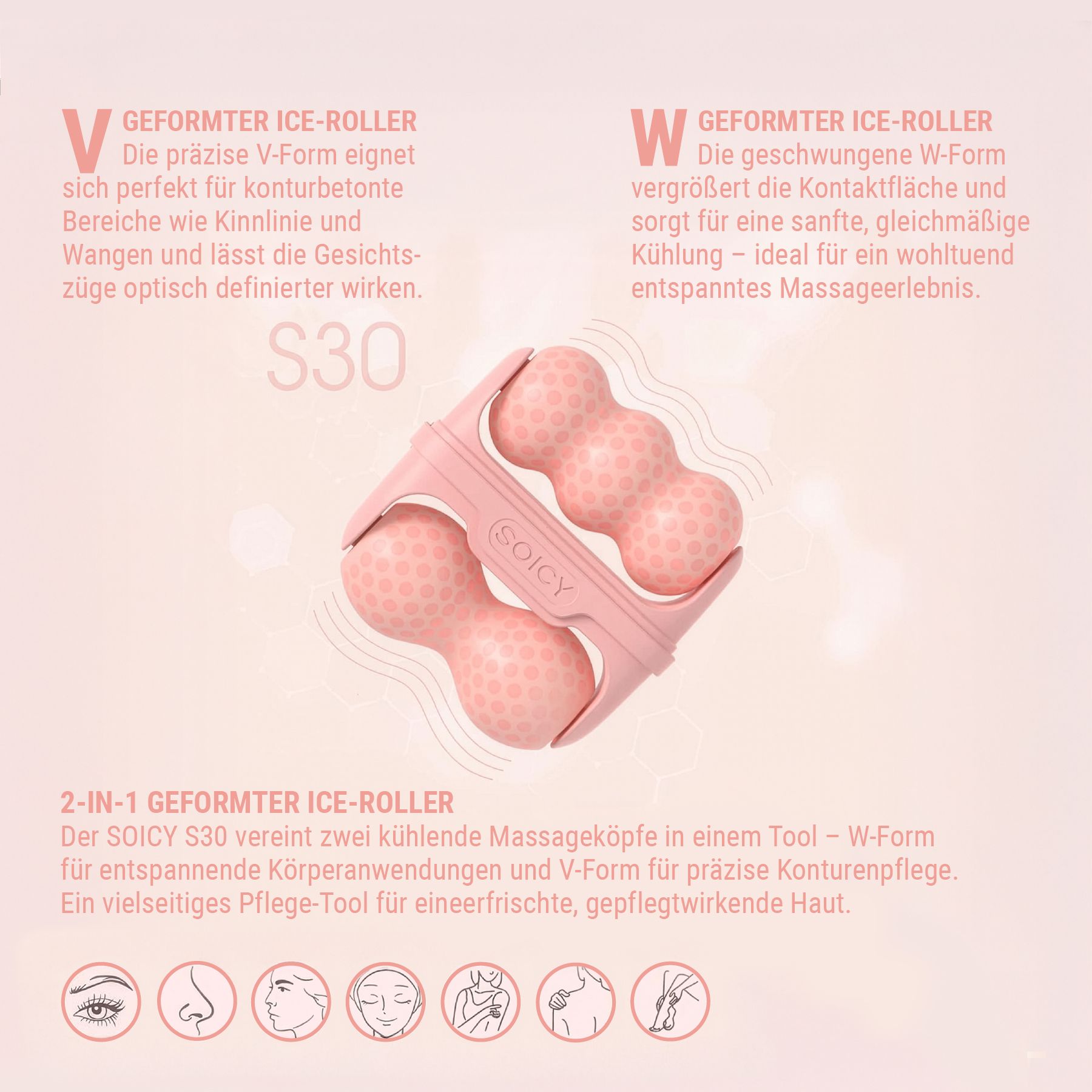 Rosa Ice-Roller mit drei Kugeln. SOICY-Logo. V-Form. Auf rosa Hintergrund.