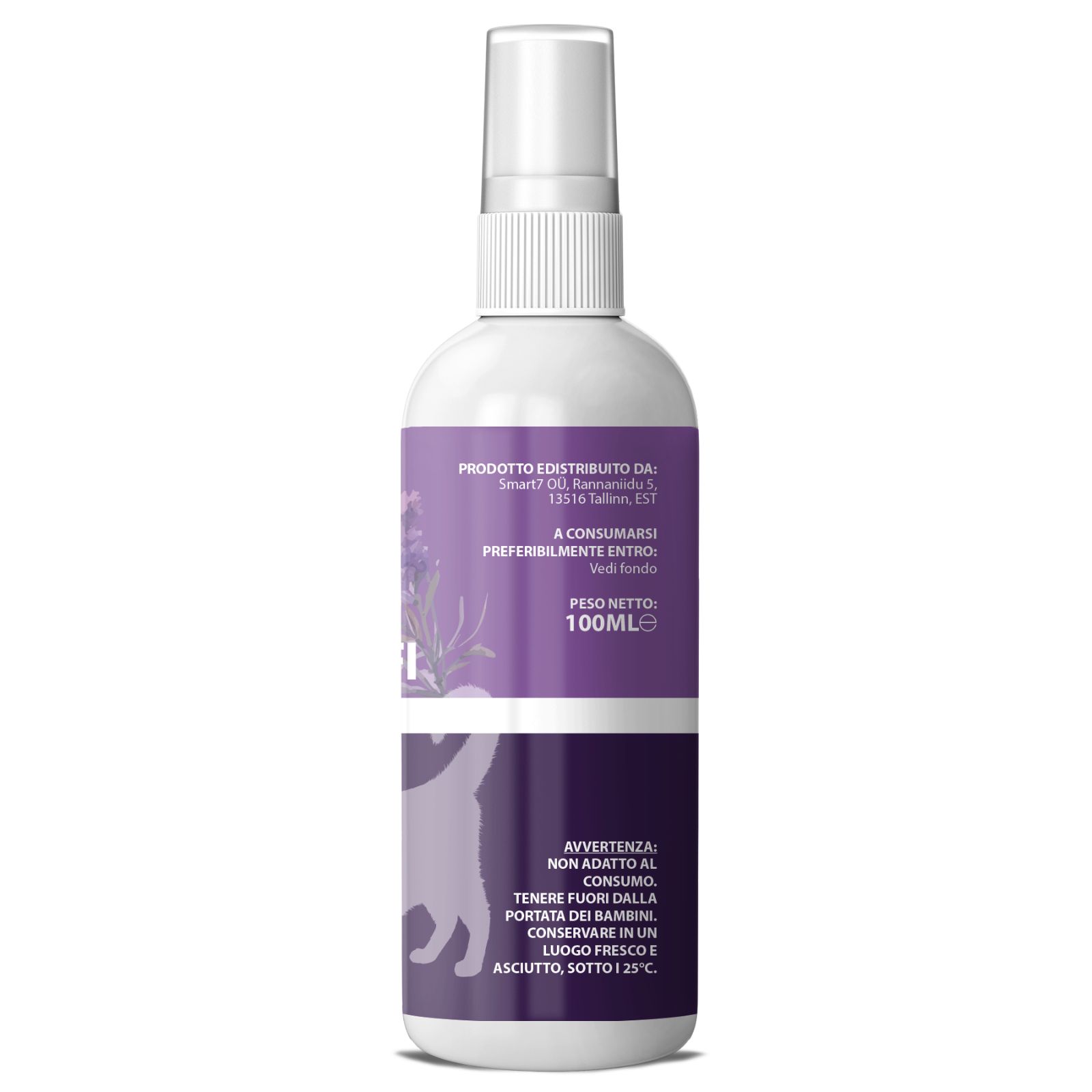 Retro del flacone spray bianco. Testo: Prodotto distribuito da, Da consumarsi preferibilmente entro, Peso netto 100ml. Avvertenza: Non ingerire.