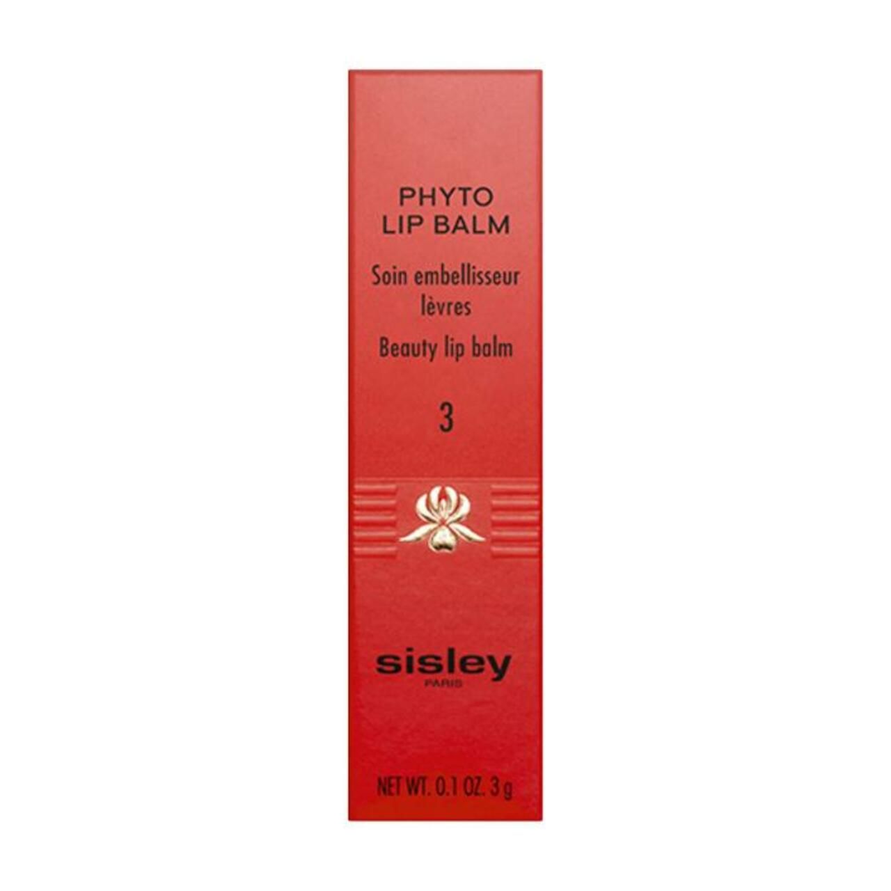 Rote Verpackung für PHYTO LIP BALM. Text: Soin embellisseur lèvres. Marke Sisley.