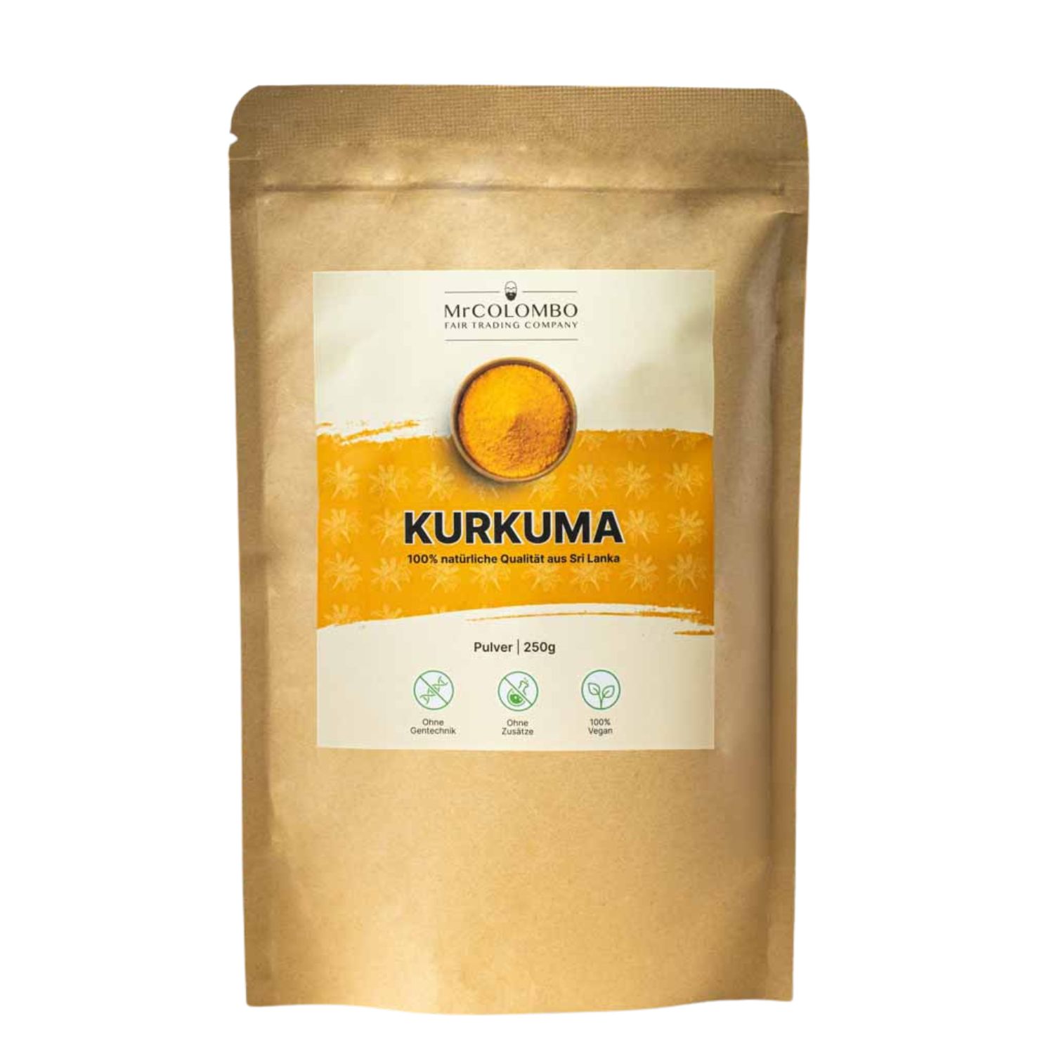Brauner Beutel mit Kurkuma-Pulver. Aufschrift: Mr. Colombo, Kurkuma, 100% natürliche Qualität aus Sri Lanka. Siegel.
